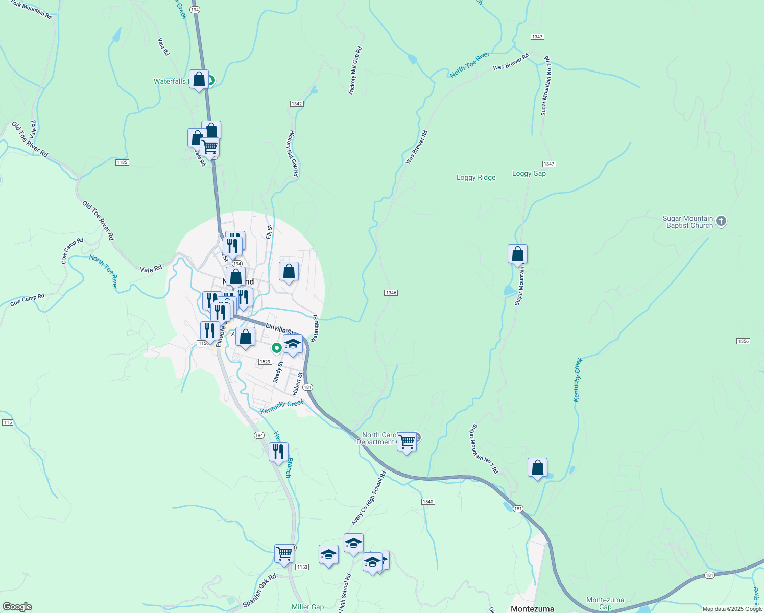 map of restaurants, bars, coffee shops, grocery stores, and more near 488-659 Wes Brewer Road in Newland