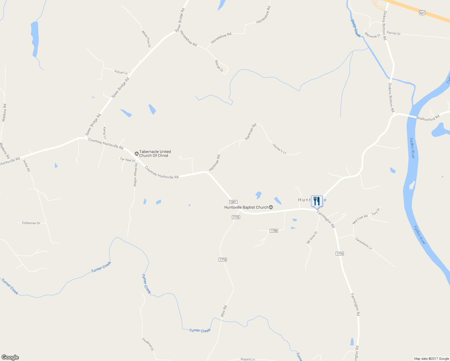 map of restaurants, bars, coffee shops, grocery stores, and more near 4633 Courtney-Huntsville Road in Yadkinville