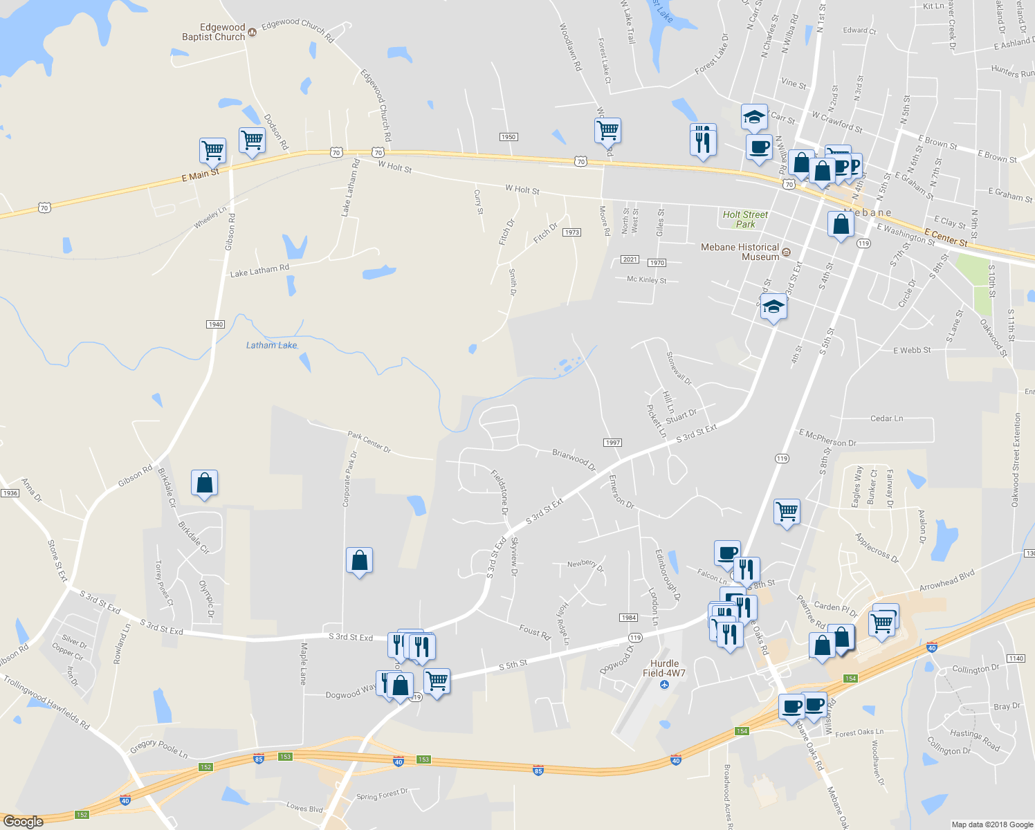 map of restaurants, bars, coffee shops, grocery stores, and more near 334 Huckleberry Loop in Mebane