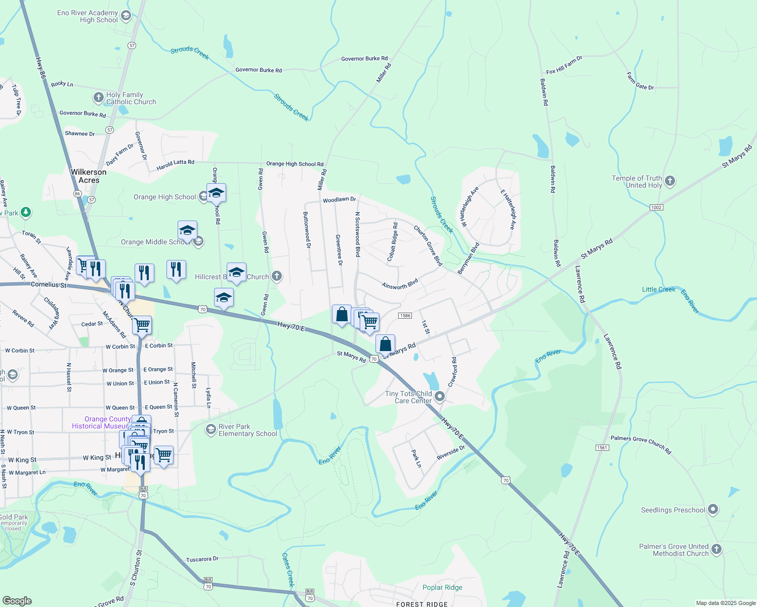 map of restaurants, bars, coffee shops, grocery stores, and more near 612 Bartlett Cir in Hillsborough