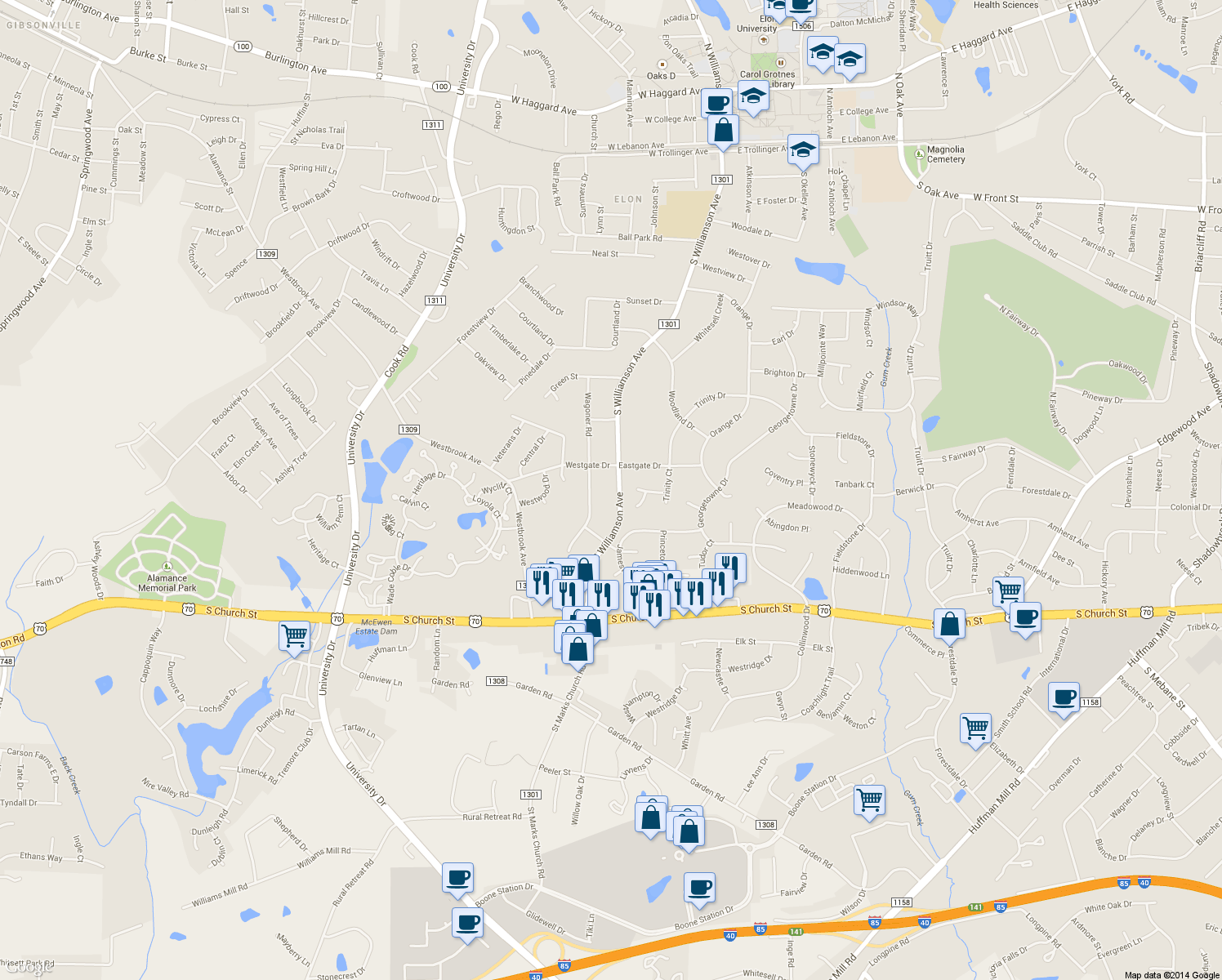 map of restaurants, bars, coffee shops, grocery stores, and more near 808 South Williamson Avenue in Elon