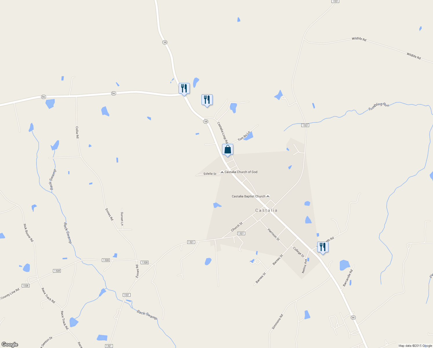 map of restaurants, bars, coffee shops, grocery stores, and more near Estelle Street in Castalia