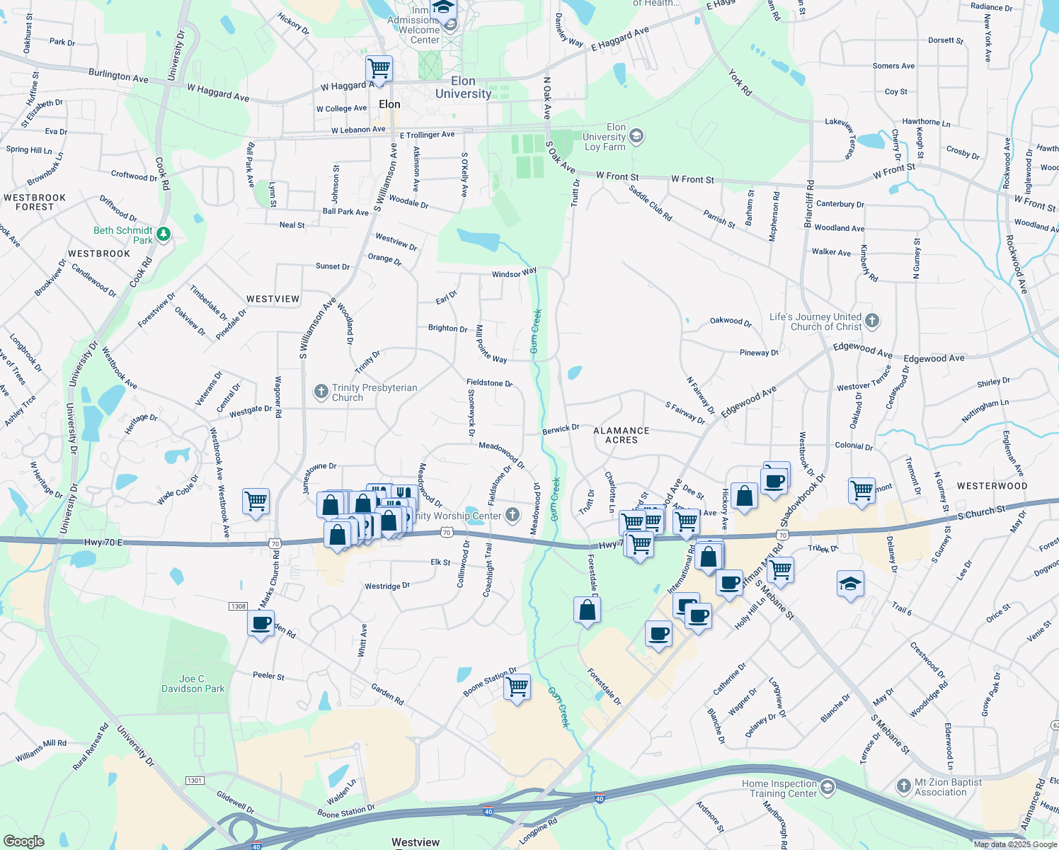 map of restaurants, bars, coffee shops, grocery stores, and more near 407 Fieldstone Drive in Burlington