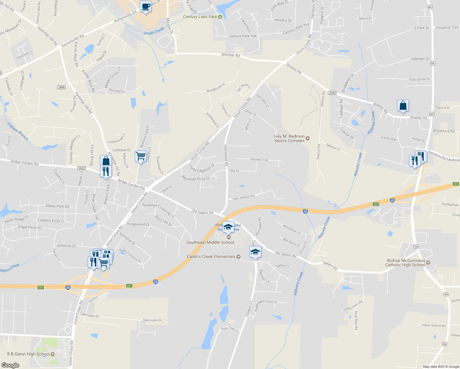 map of restaurants, bars, coffee shops, grocery stores, and more near 1371 Glenwood Road in Kernersville
