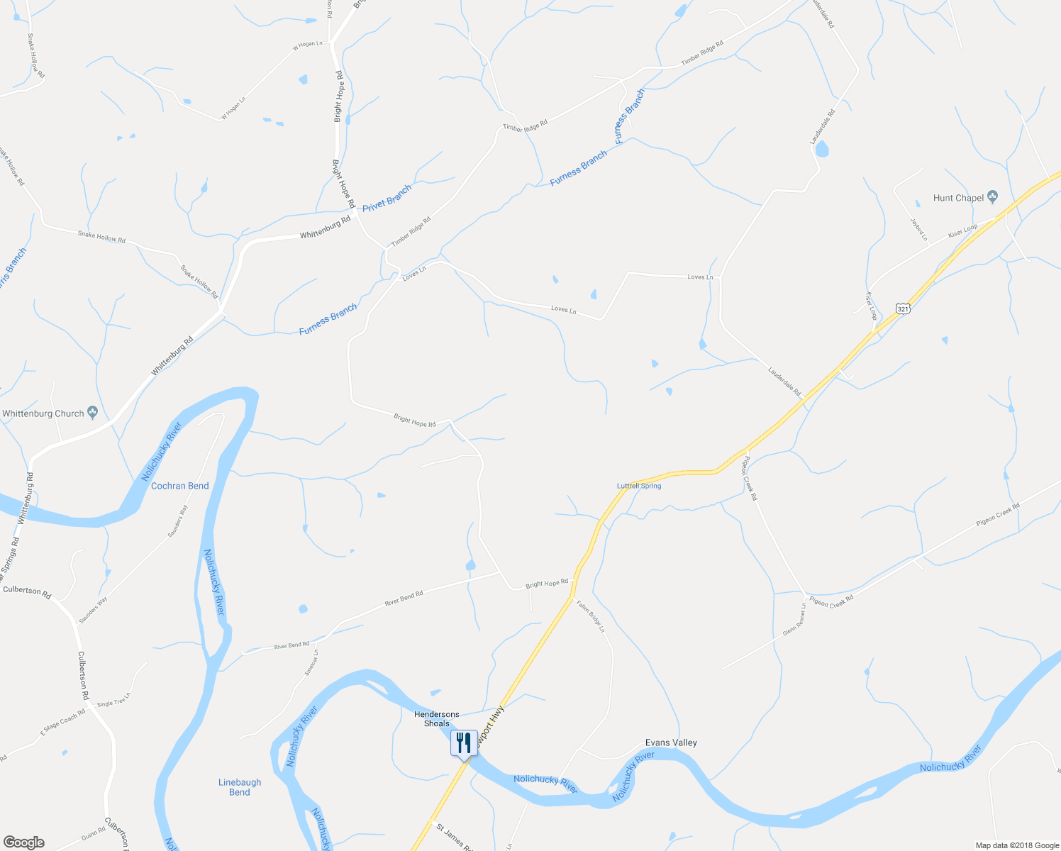 map of restaurants, bars, coffee shops, grocery stores, and more near 840 Bright Hope Road in Greeneville