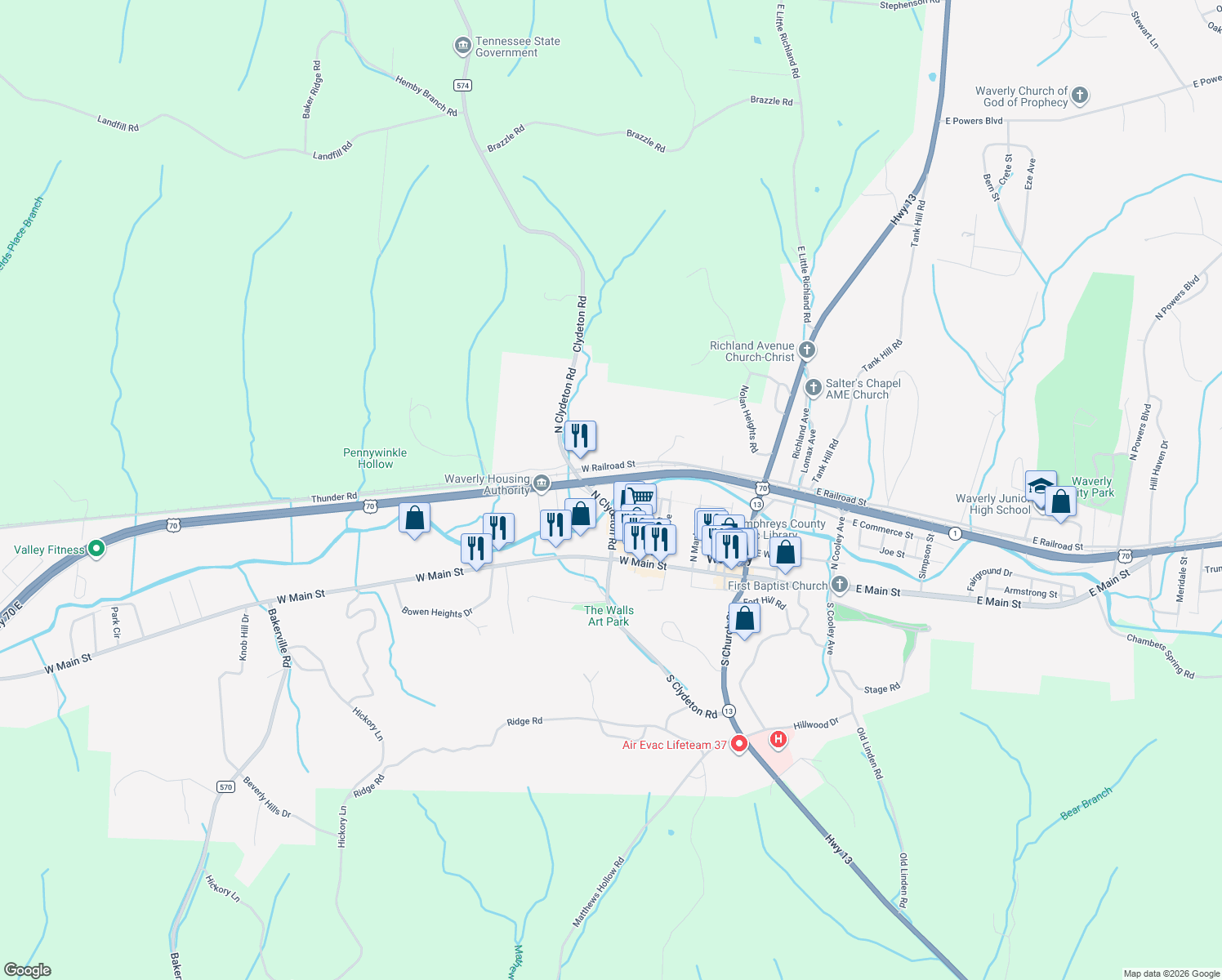 map of restaurants, bars, coffee shops, grocery stores, and more near 108 Weems Place in Waverly