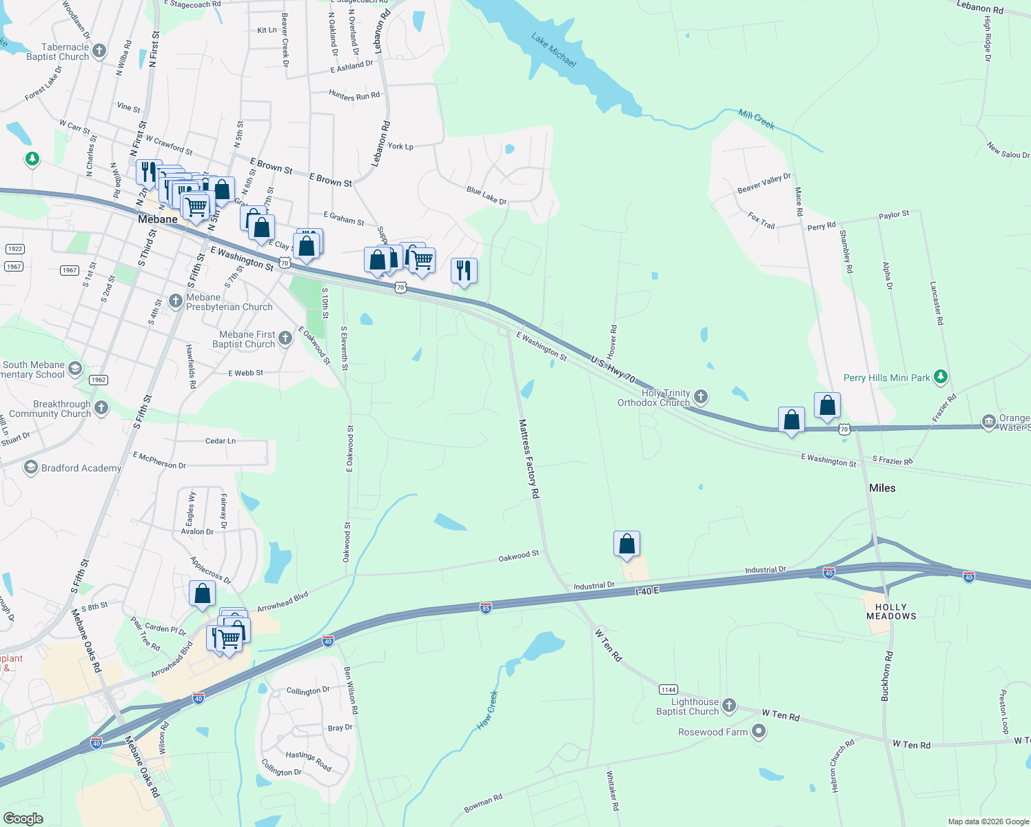 map of restaurants, bars, coffee shops, grocery stores, and more near 411 Mattress Factory Rd in Mebane
