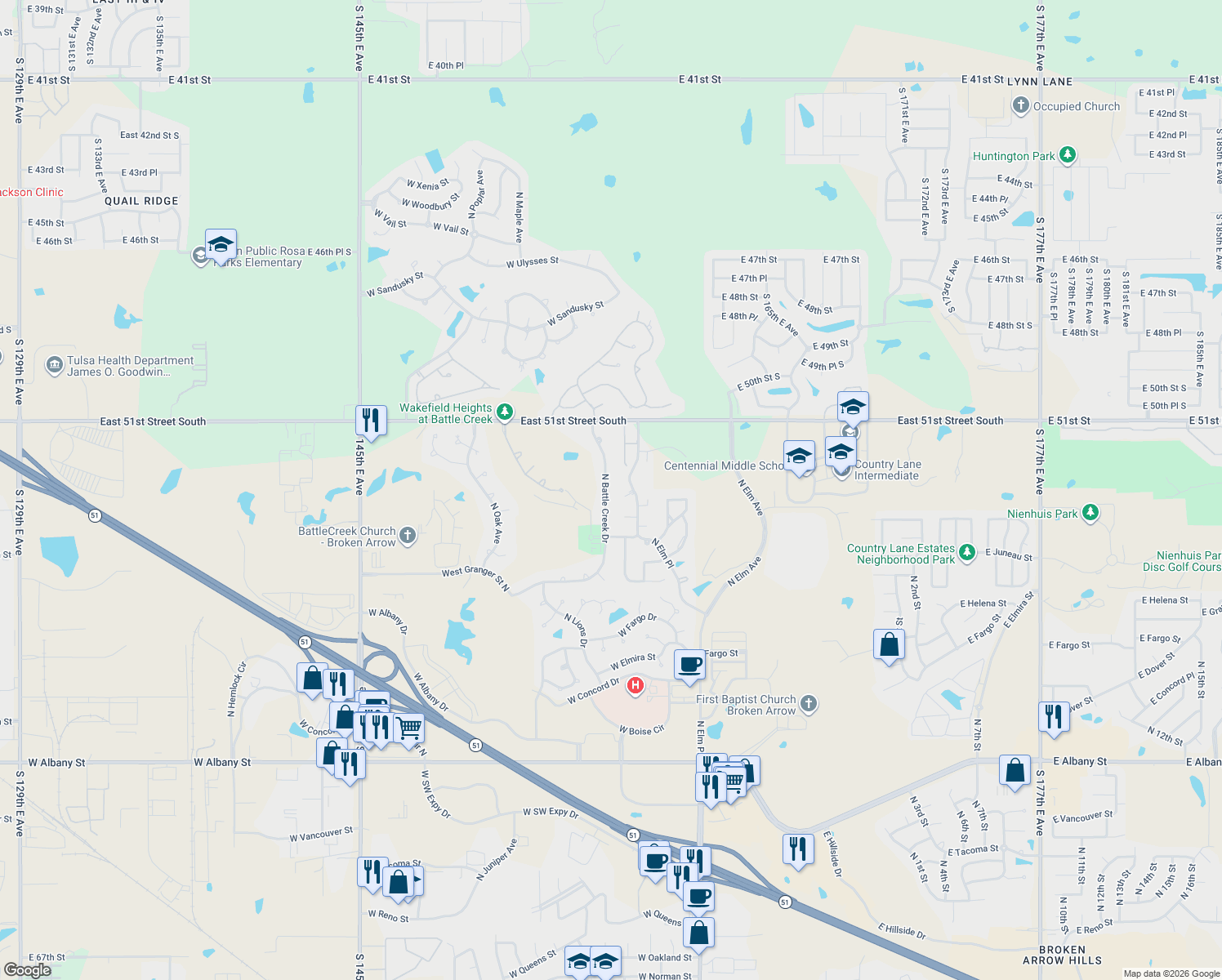 map of restaurants, bars, coffee shops, grocery stores, and more near 3409 N Battle Creek Dr in Broken Arrow