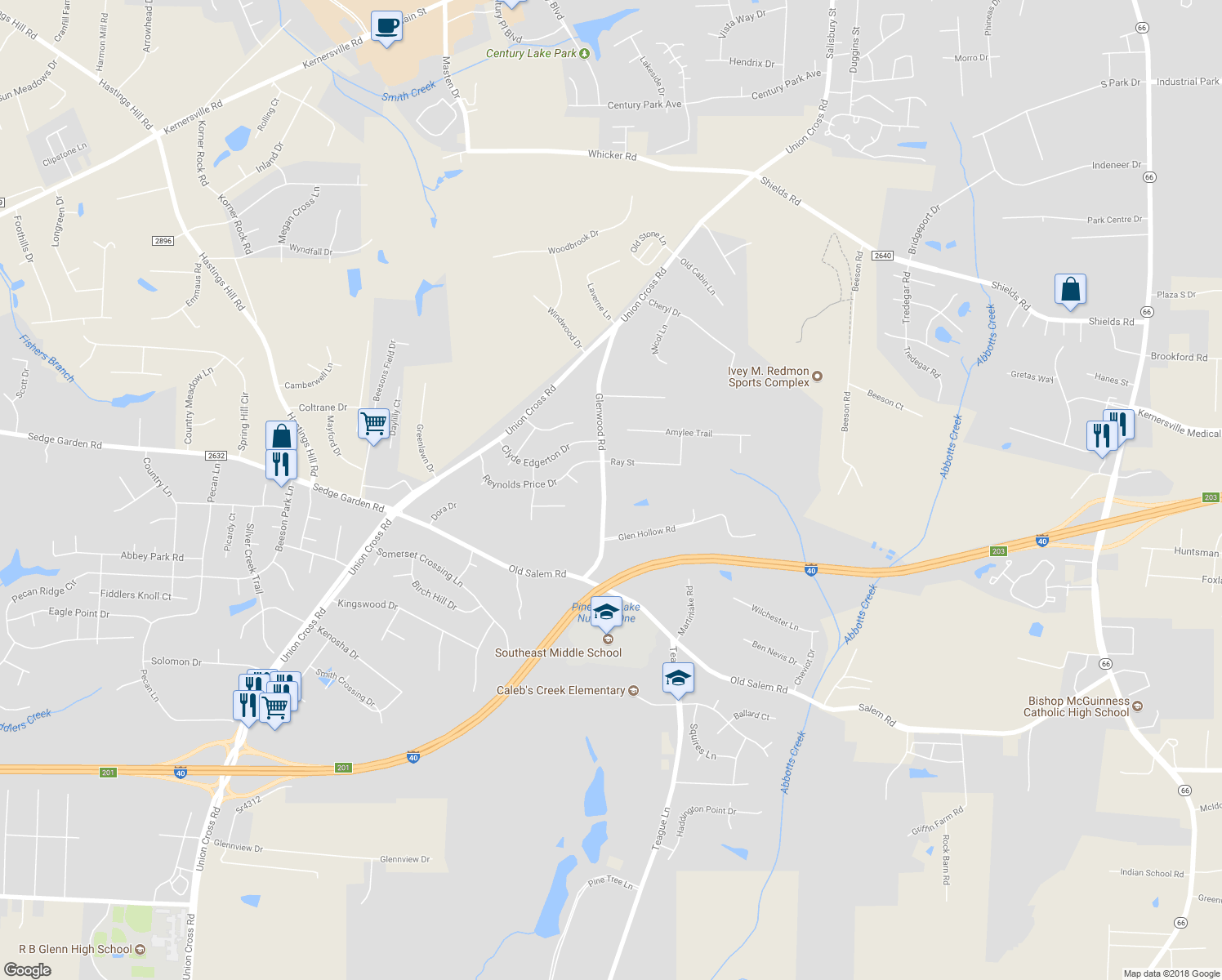 map of restaurants, bars, coffee shops, grocery stores, and more near 1365 Glenwood Road in Kernersville