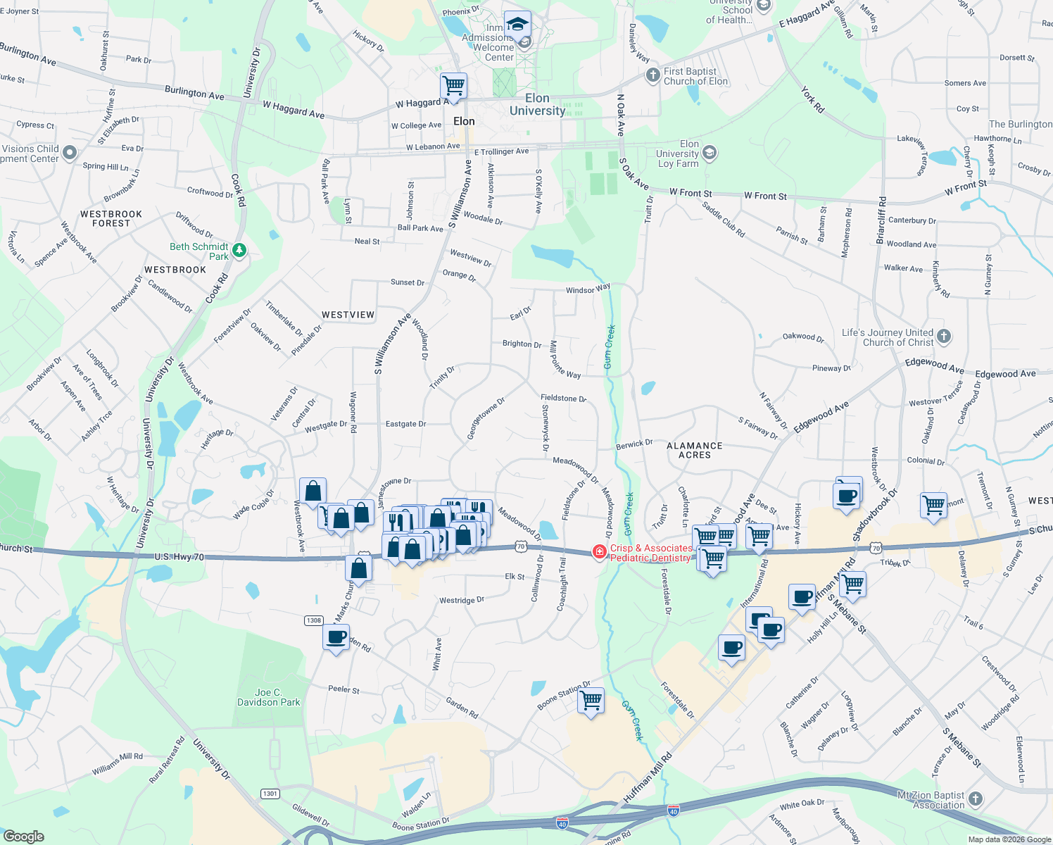 map of restaurants, bars, coffee shops, grocery stores, and more near 610 Newbern Court in Burlington