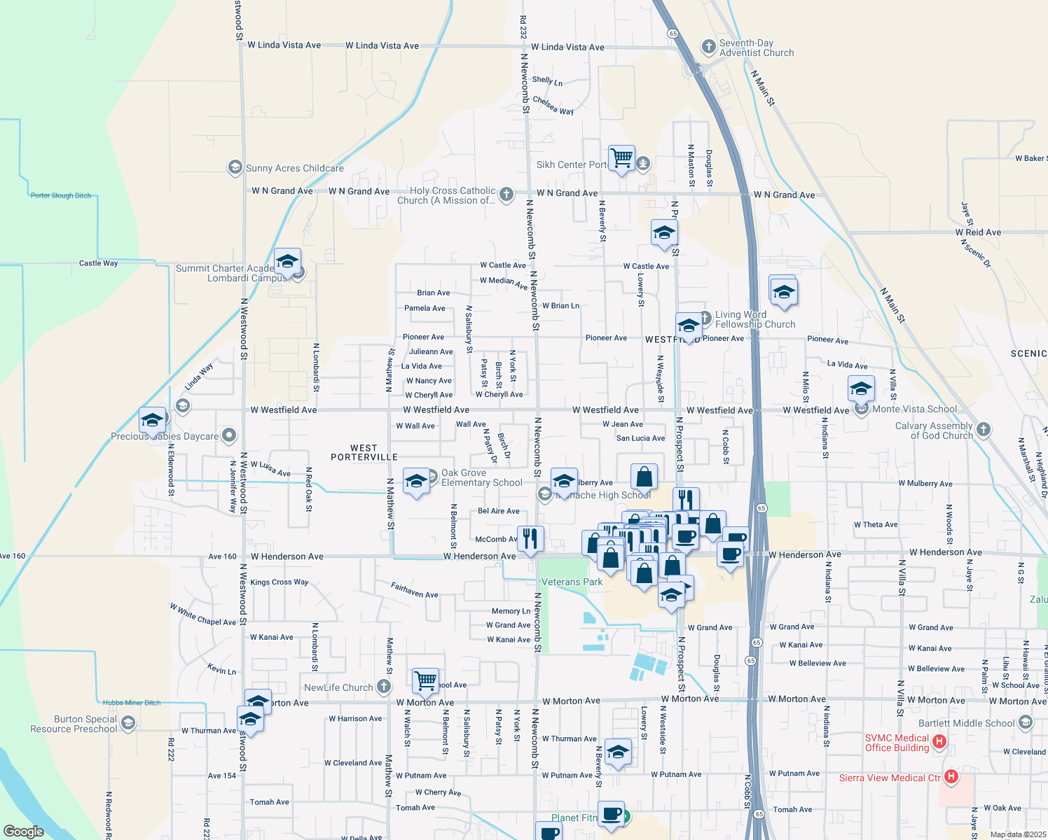 map of restaurants, bars, coffee shops, grocery stores, and more near 1630 West Wall Lane in Porterville