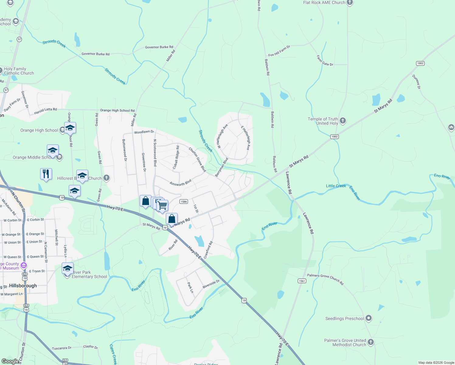 map of restaurants, bars, coffee shops, grocery stores, and more near 1701 McRae Place in Hillsborough