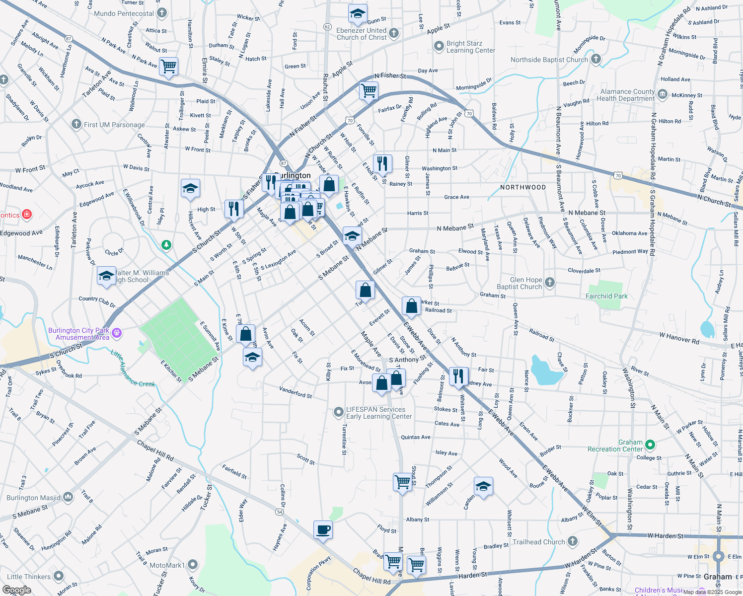 map of restaurants, bars, coffee shops, grocery stores, and more near 114 Tucker Street in Burlington