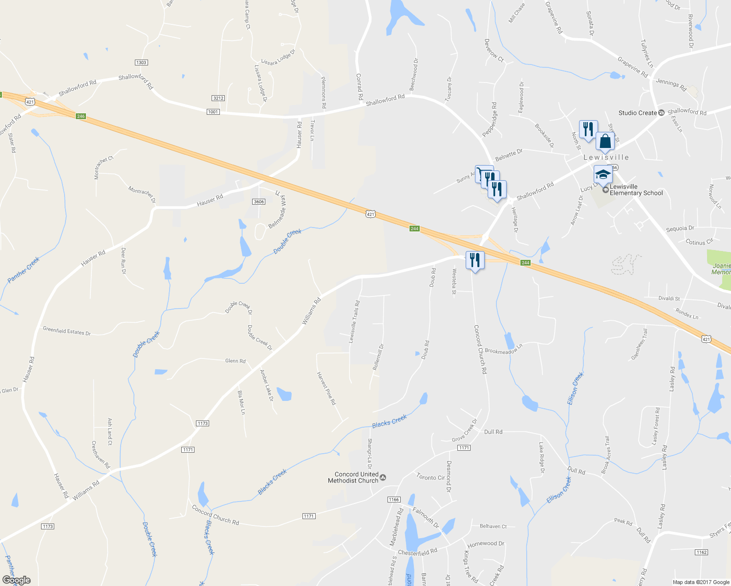 map of restaurants, bars, coffee shops, grocery stores, and more near 309 Lewisville Trails Road in Lewisville
