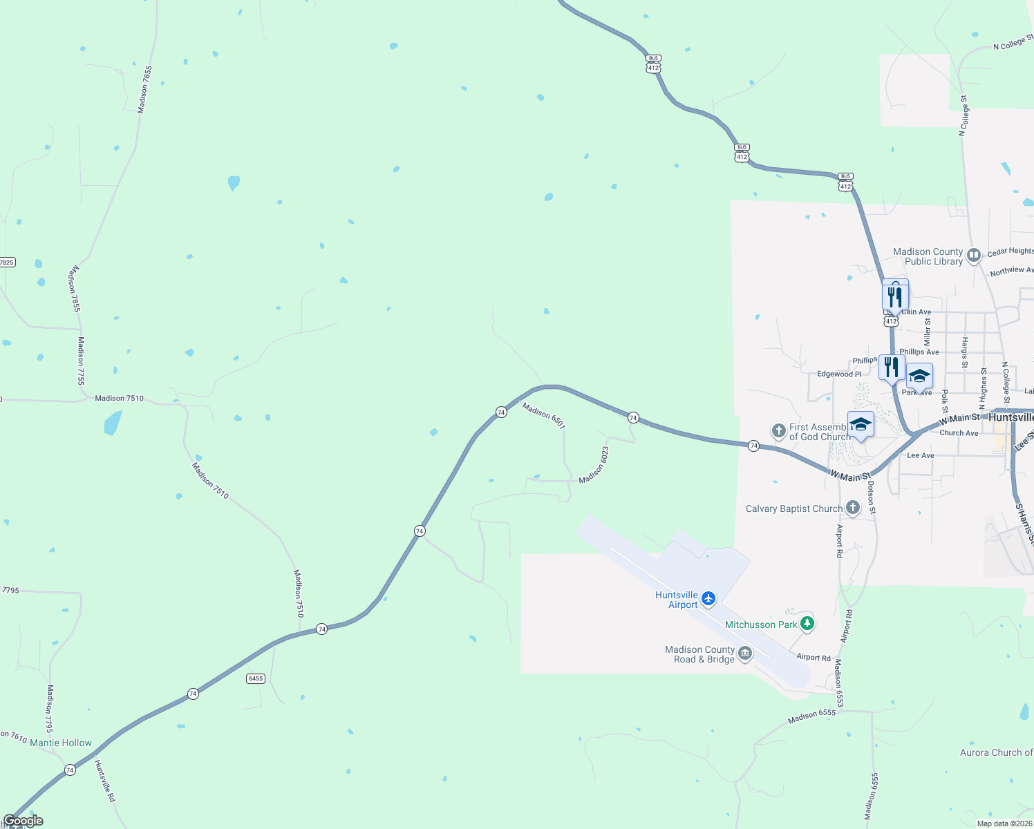 map of restaurants, bars, coffee shops, grocery stores, and more near 113 Madison 6501 in Huntsville