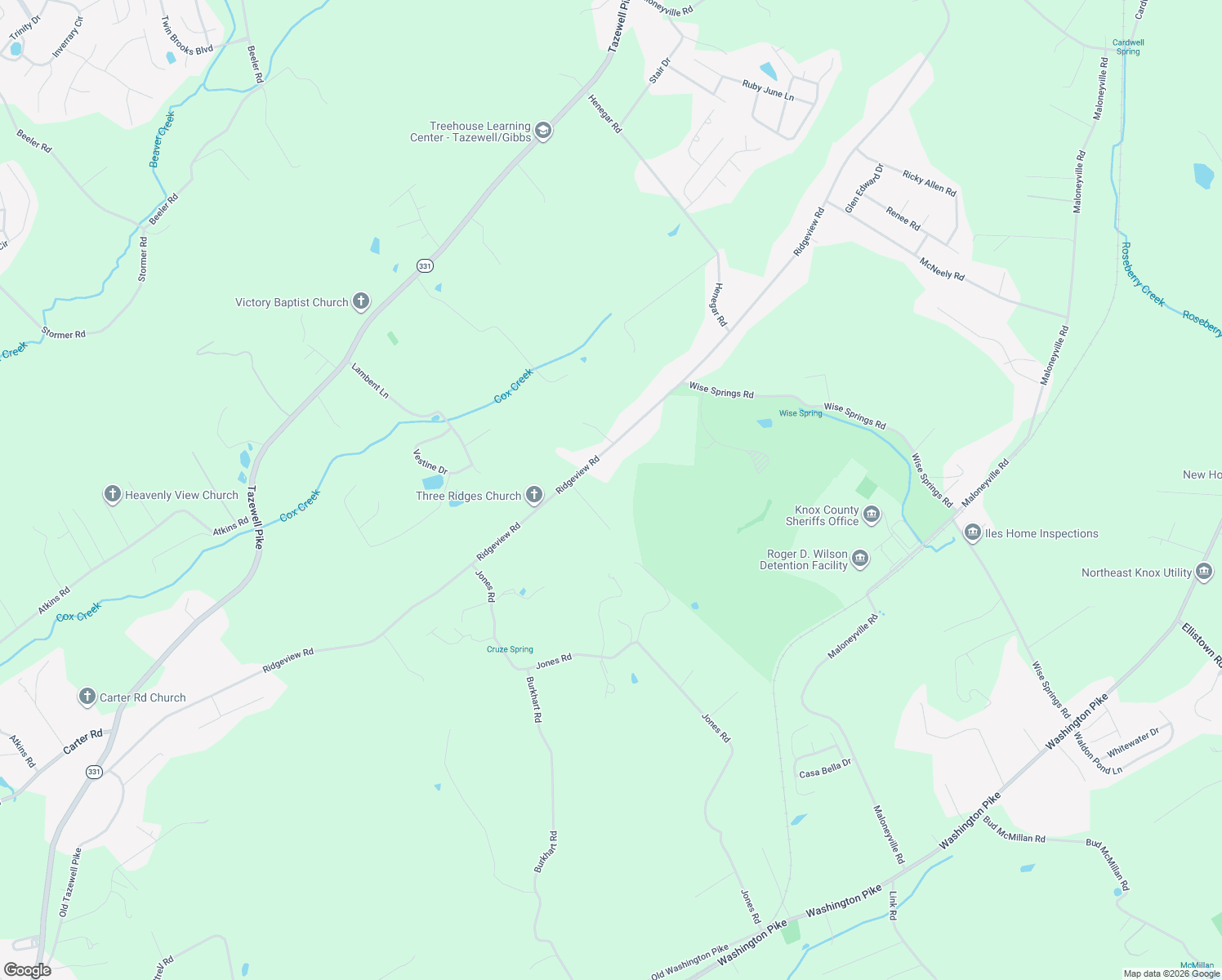 map of restaurants, bars, coffee shops, grocery stores, and more near 6724 Ridgeview Road in Knoxville