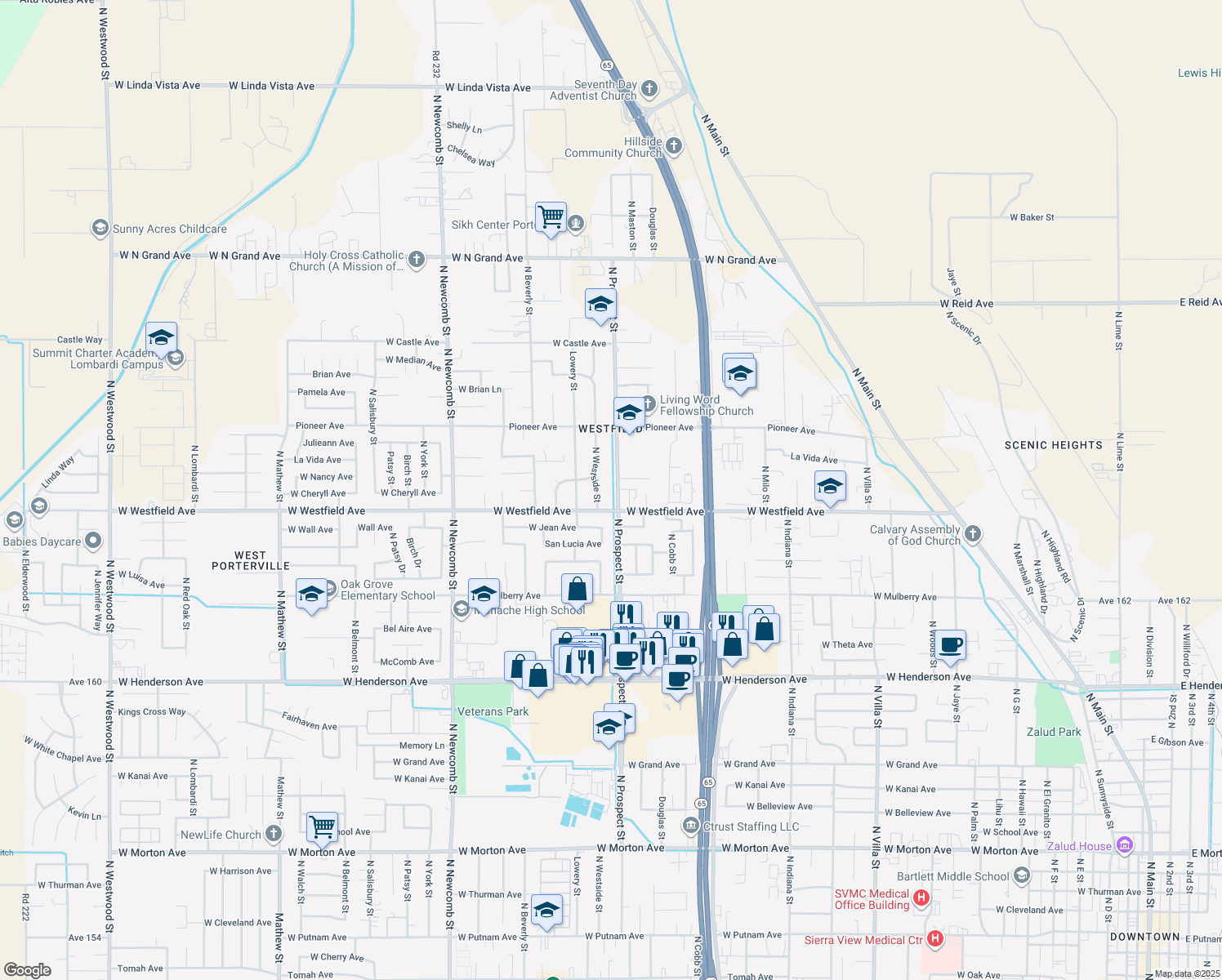 map of restaurants, bars, coffee shops, grocery stores, and more near 1249 North Prospect Street in Porterville