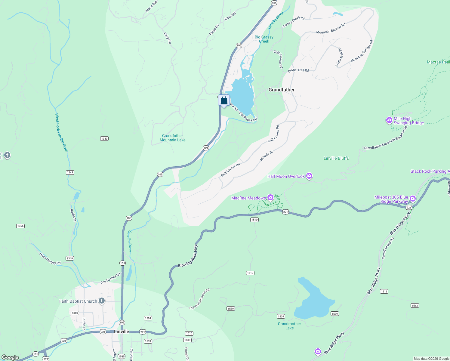 map of restaurants, bars, coffee shops, grocery stores, and more near 934 Hillside Drive in Linville