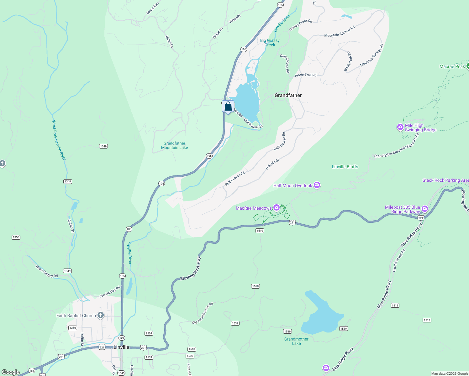 map of restaurants, bars, coffee shops, grocery stores, and more near 934 Hillside Drive in Linville