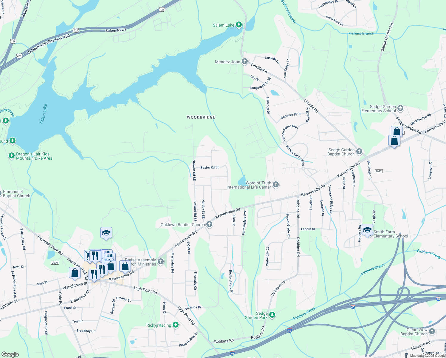 map of restaurants, bars, coffee shops, grocery stores, and more near 3566 Glen Lyon Drive in Winston-Salem