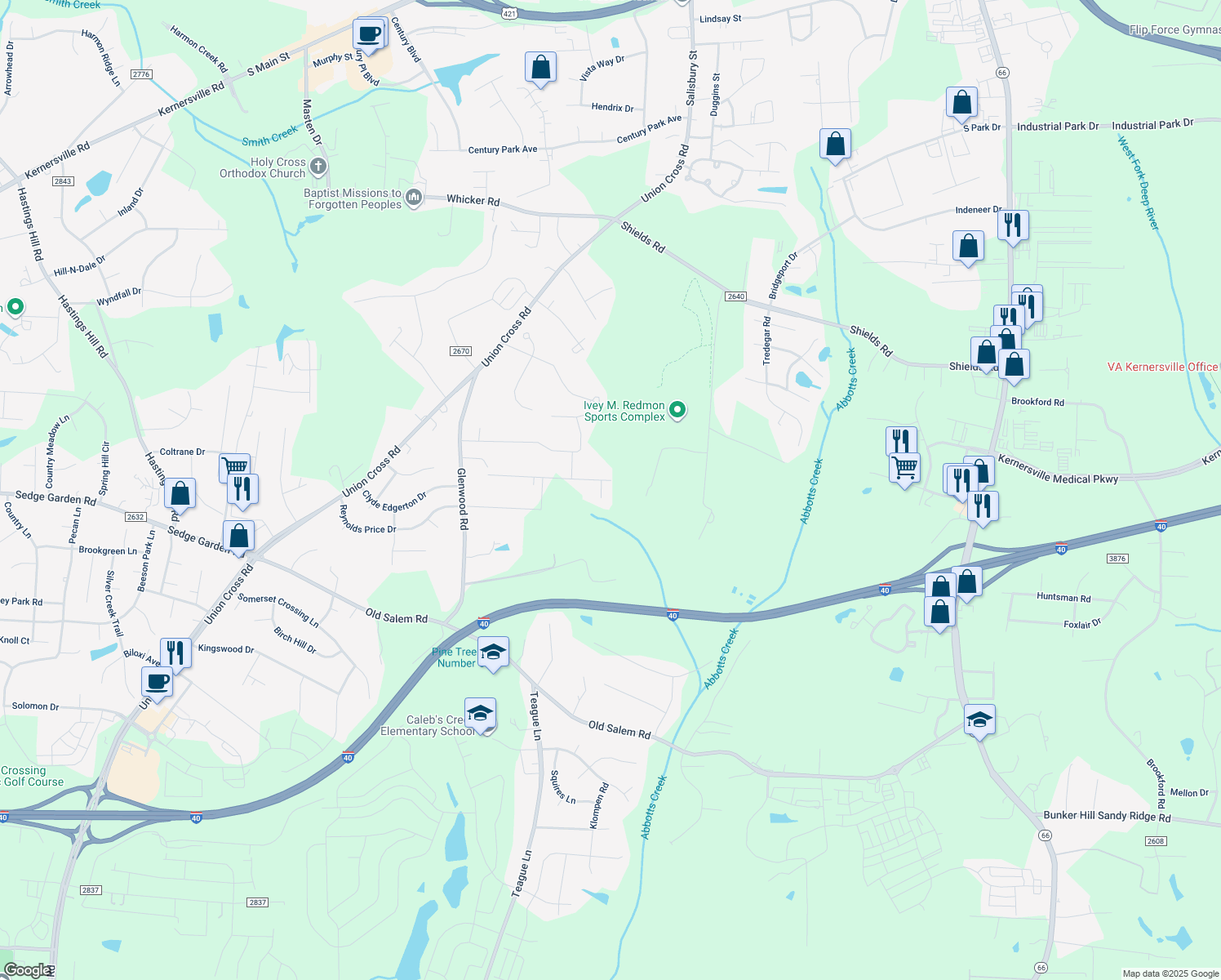map of restaurants, bars, coffee shops, grocery stores, and more near 1301 Mar-Vista Ln in Kernersville