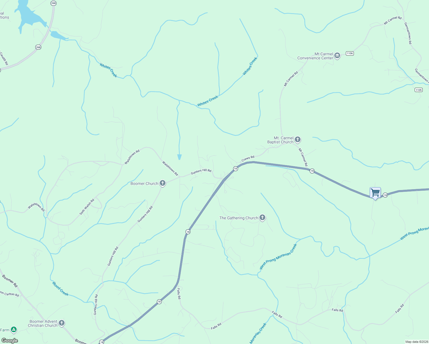 map of restaurants, bars, coffee shops, grocery stores, and more near 188 Gunters Hill Road in Moravian Falls