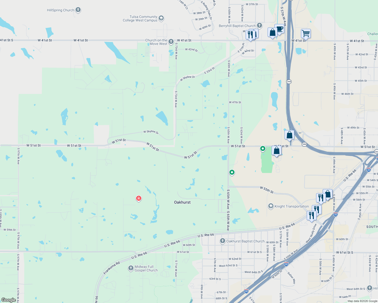 map of restaurants, bars, coffee shops, grocery stores, and more near 7108 West 50th Street in Tulsa
