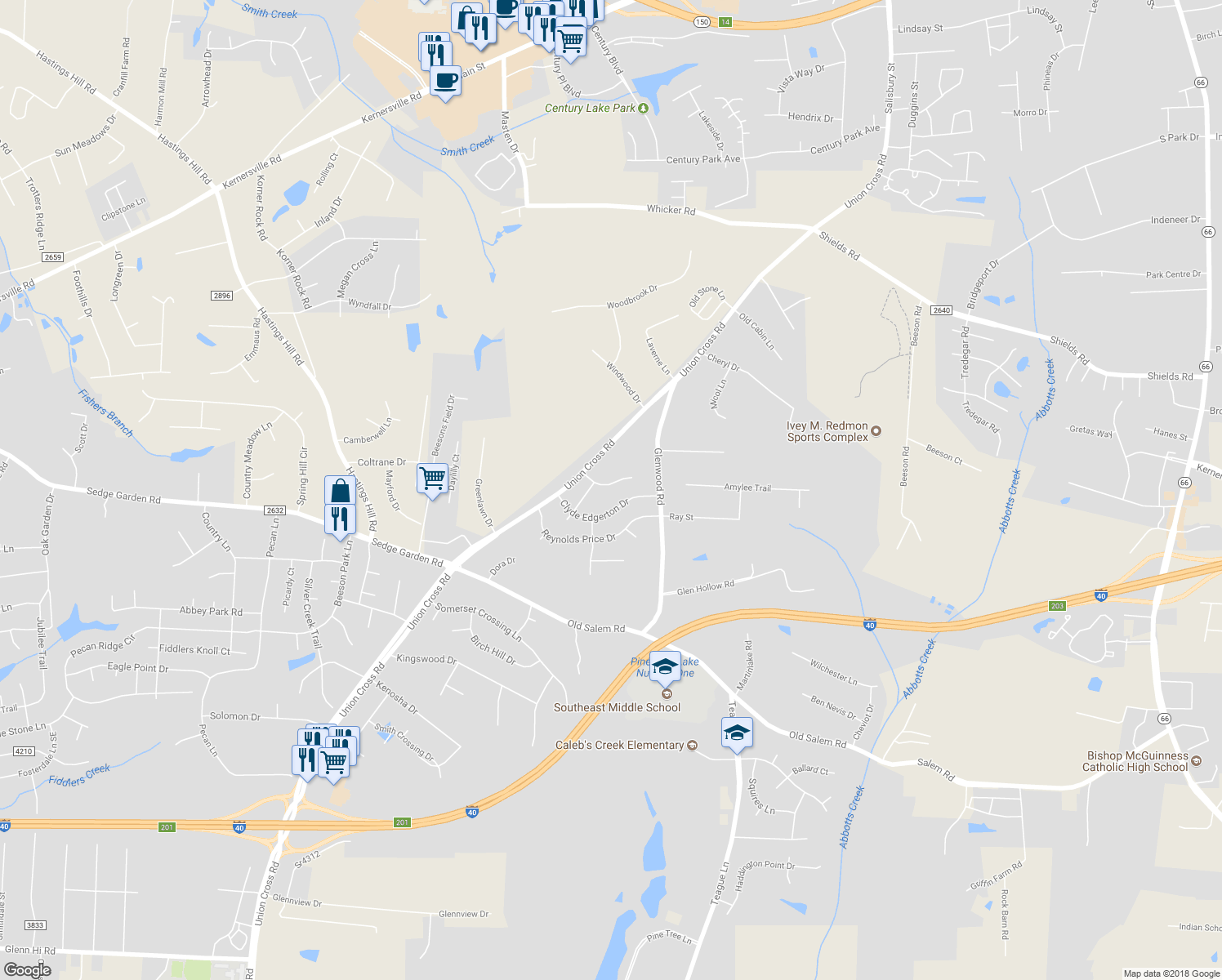 map of restaurants, bars, coffee shops, grocery stores, and more near 930 Kaye Gibbons Court in Kernersville