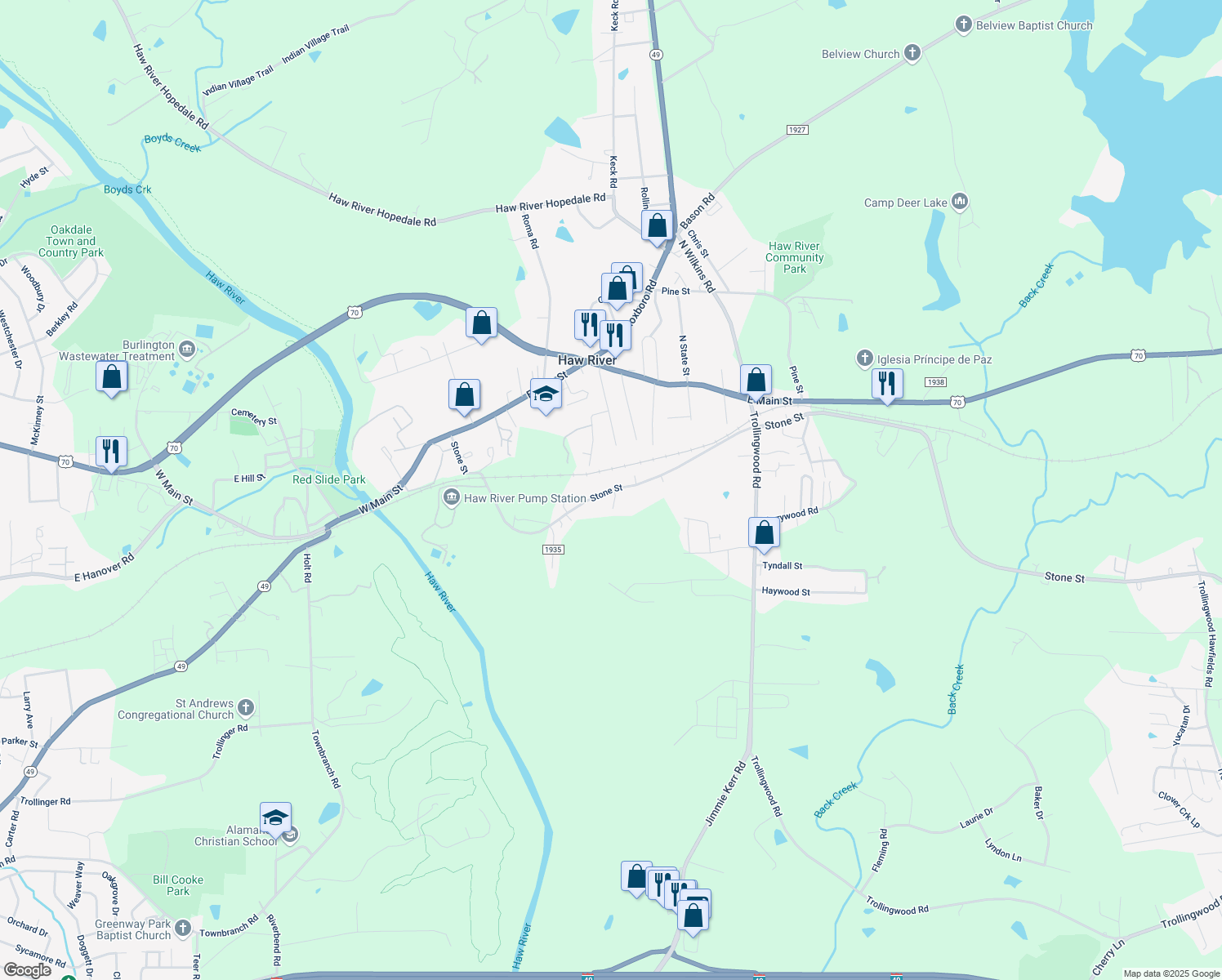 map of restaurants, bars, coffee shops, grocery stores, and more near 723 Stone St in Haw River