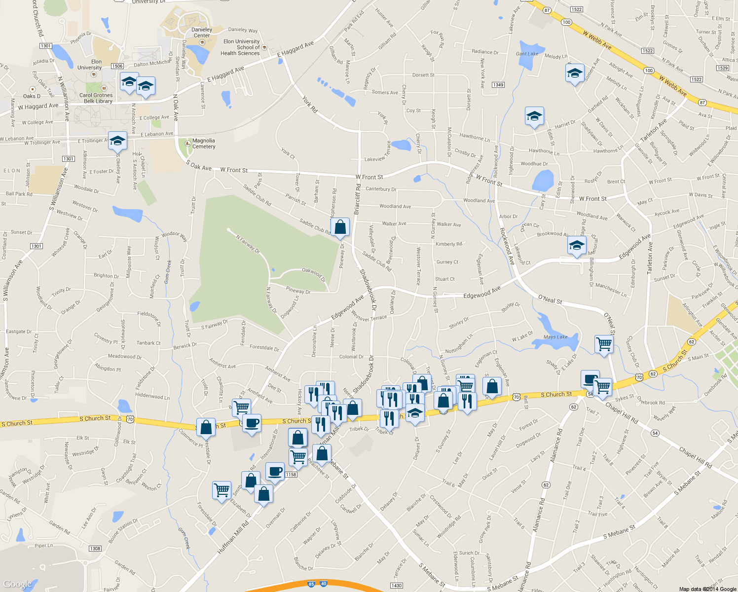 map of restaurants, bars, coffee shops, grocery stores, and more near 2308 Edgewood Avenue in Burlington