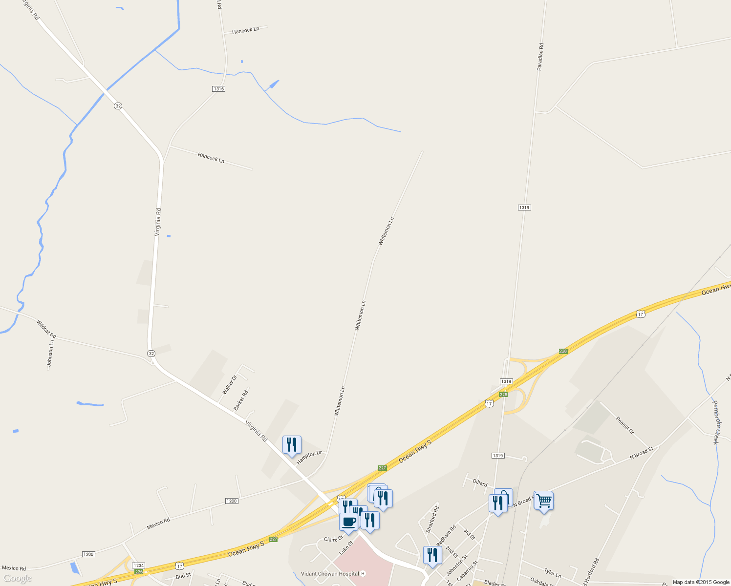 map of restaurants, bars, coffee shops, grocery stores, and more near Whitemon Lane in Edenton
