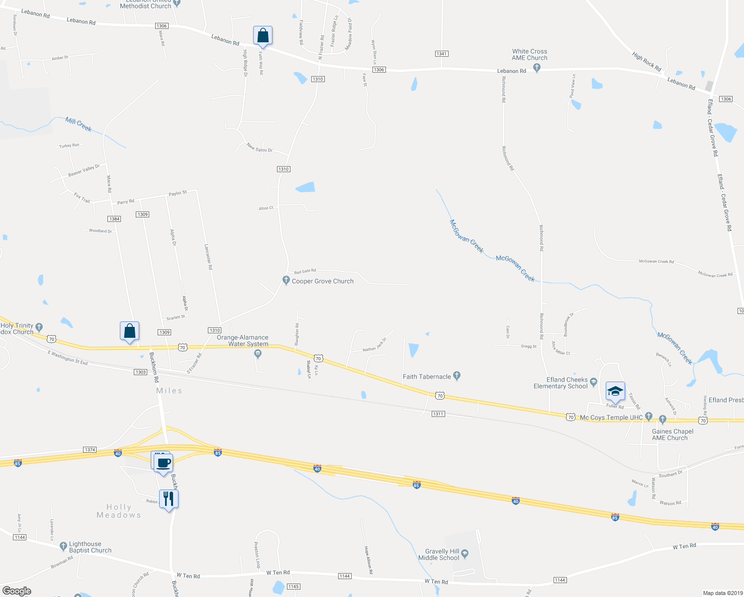 map of restaurants, bars, coffee shops, grocery stores, and more near 1125 Red Gate Road in Mebane