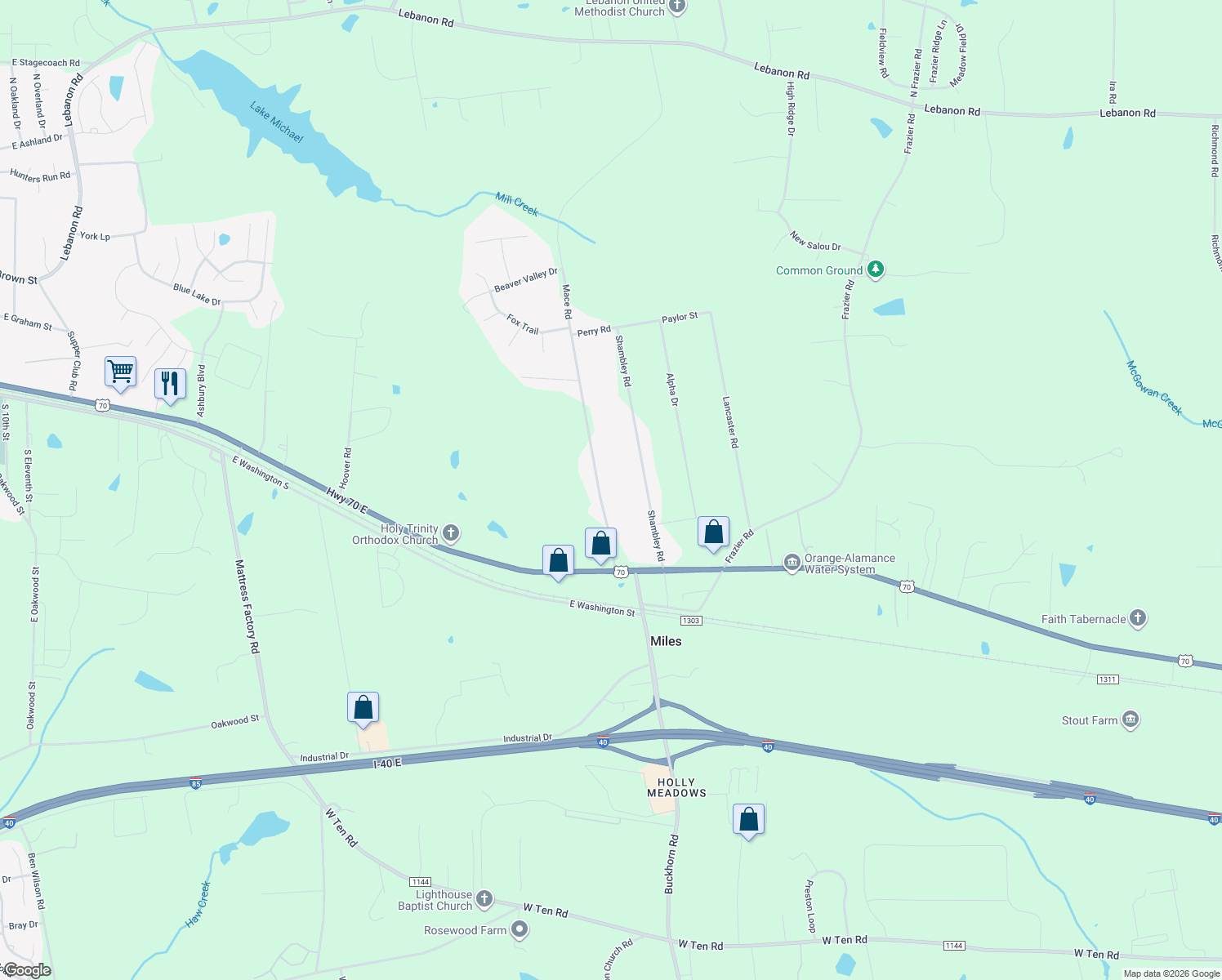 map of restaurants, bars, coffee shops, grocery stores, and more near 225 Mace Rd in Mebane
