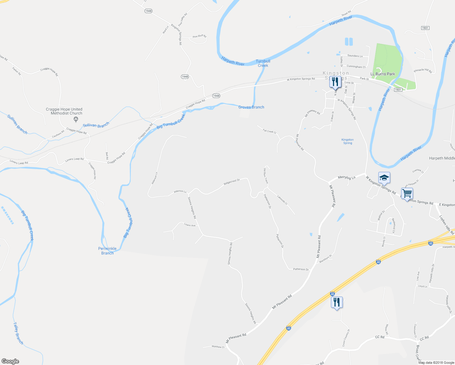 map of restaurants, bars, coffee shops, grocery stores, and more near 1049 Ridgecrest Drive in Kingston Springs
