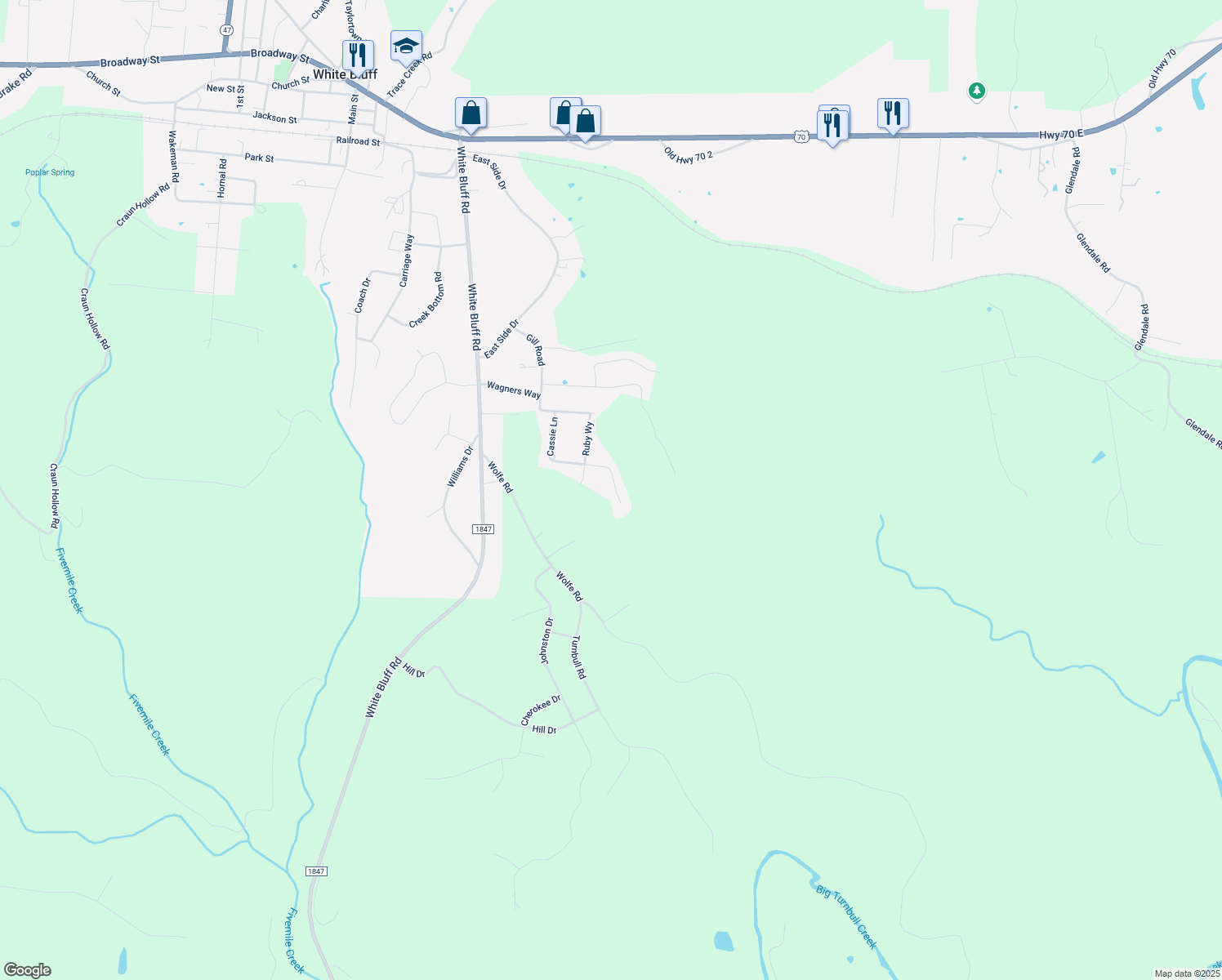 map of restaurants, bars, coffee shops, grocery stores, and more near 536 Cassie Lane in White Bluff