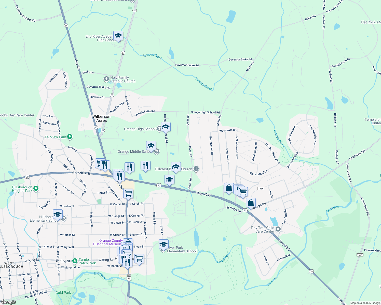 map of restaurants, bars, coffee shops, grocery stores, and more near 315 Gwen Road in Hillsborough