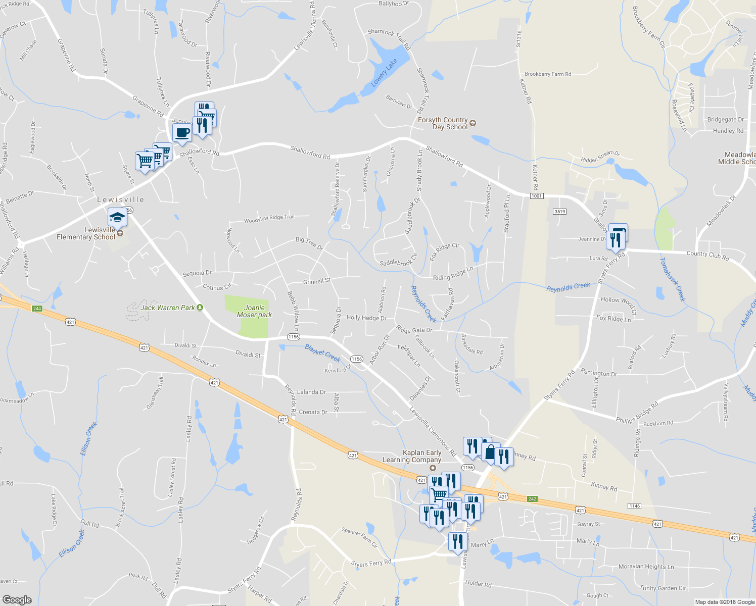 map of restaurants, bars, coffee shops, grocery stores, and more near 1012 Alabnon Road in Lewisville