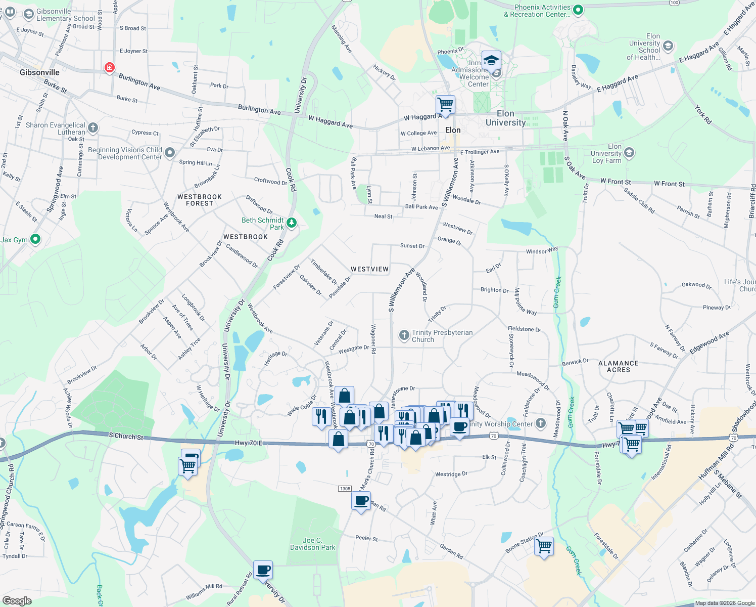 map of restaurants, bars, coffee shops, grocery stores, and more near 705 Wagoner Road in Elon