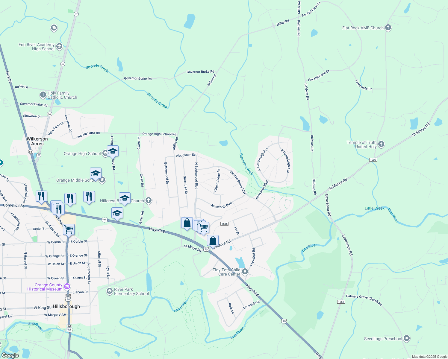map of restaurants, bars, coffee shops, grocery stores, and more near 1913 E Chapman Ct in Hillsborough