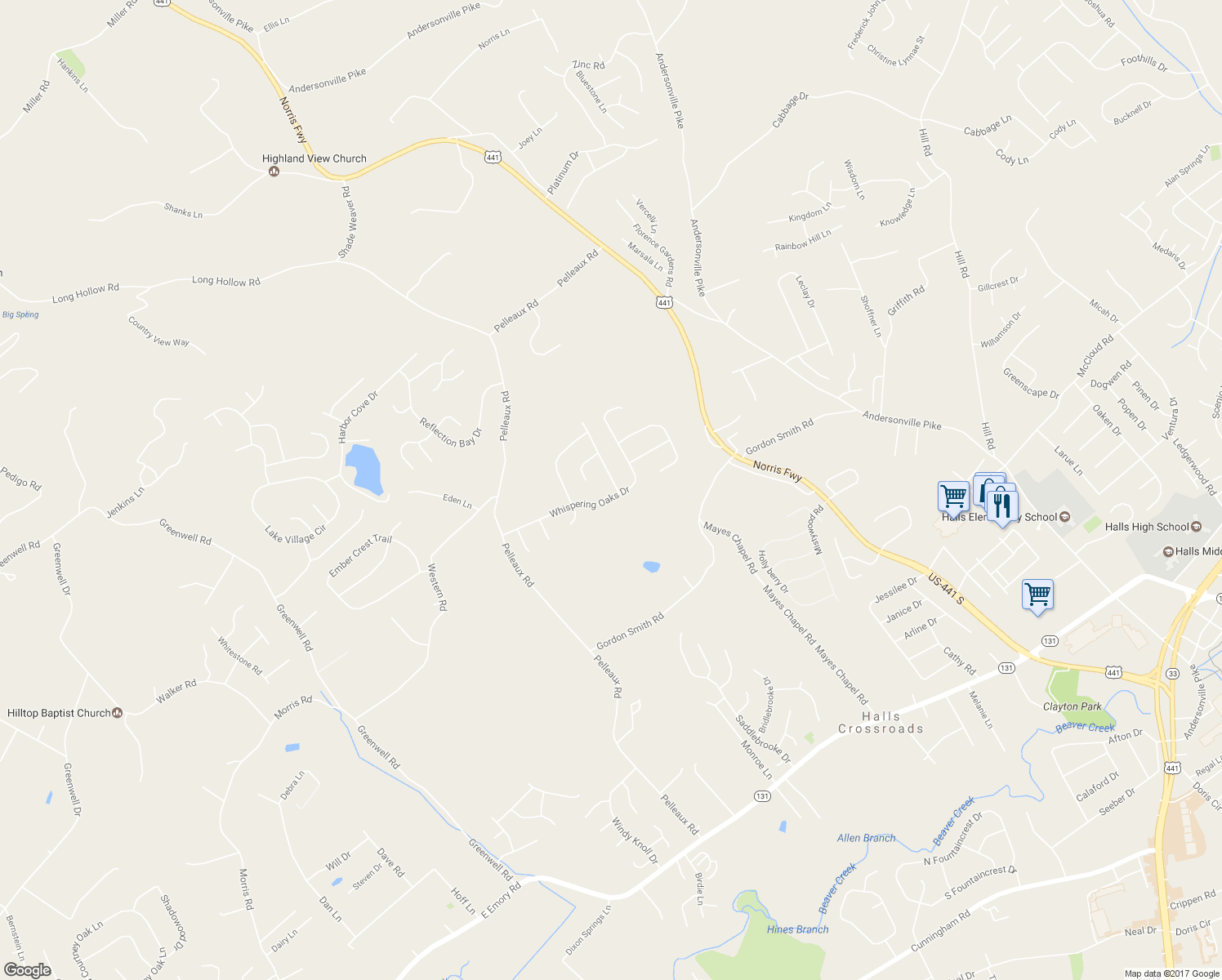 map of restaurants, bars, coffee shops, grocery stores, and more near 7901 Country Scene Road in Knoxville