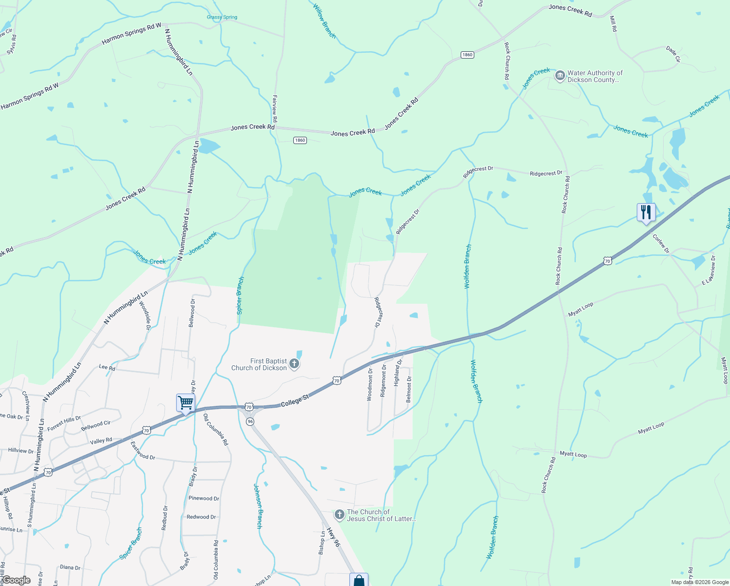 map of restaurants, bars, coffee shops, grocery stores, and more near 2001 Ridgecrest Circle in Dickson