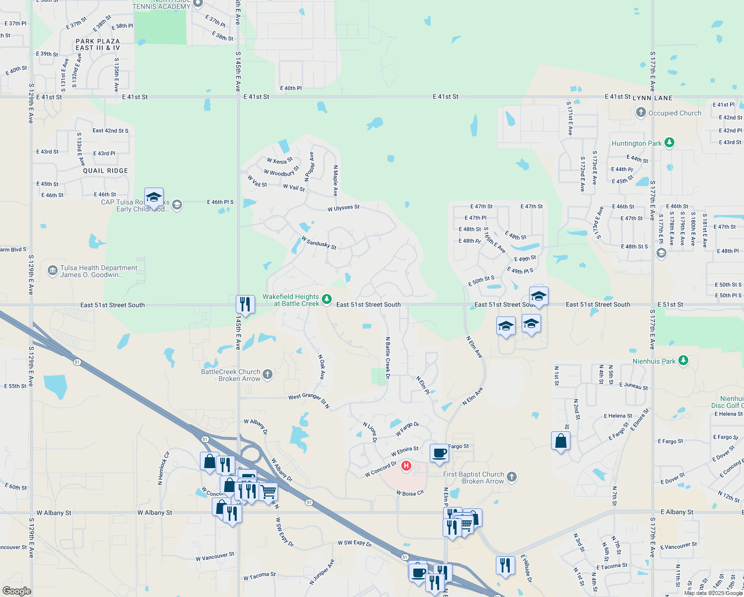 map of restaurants, bars, coffee shops, grocery stores, and more near 1505 West Plymouth Circle in Broken Arrow