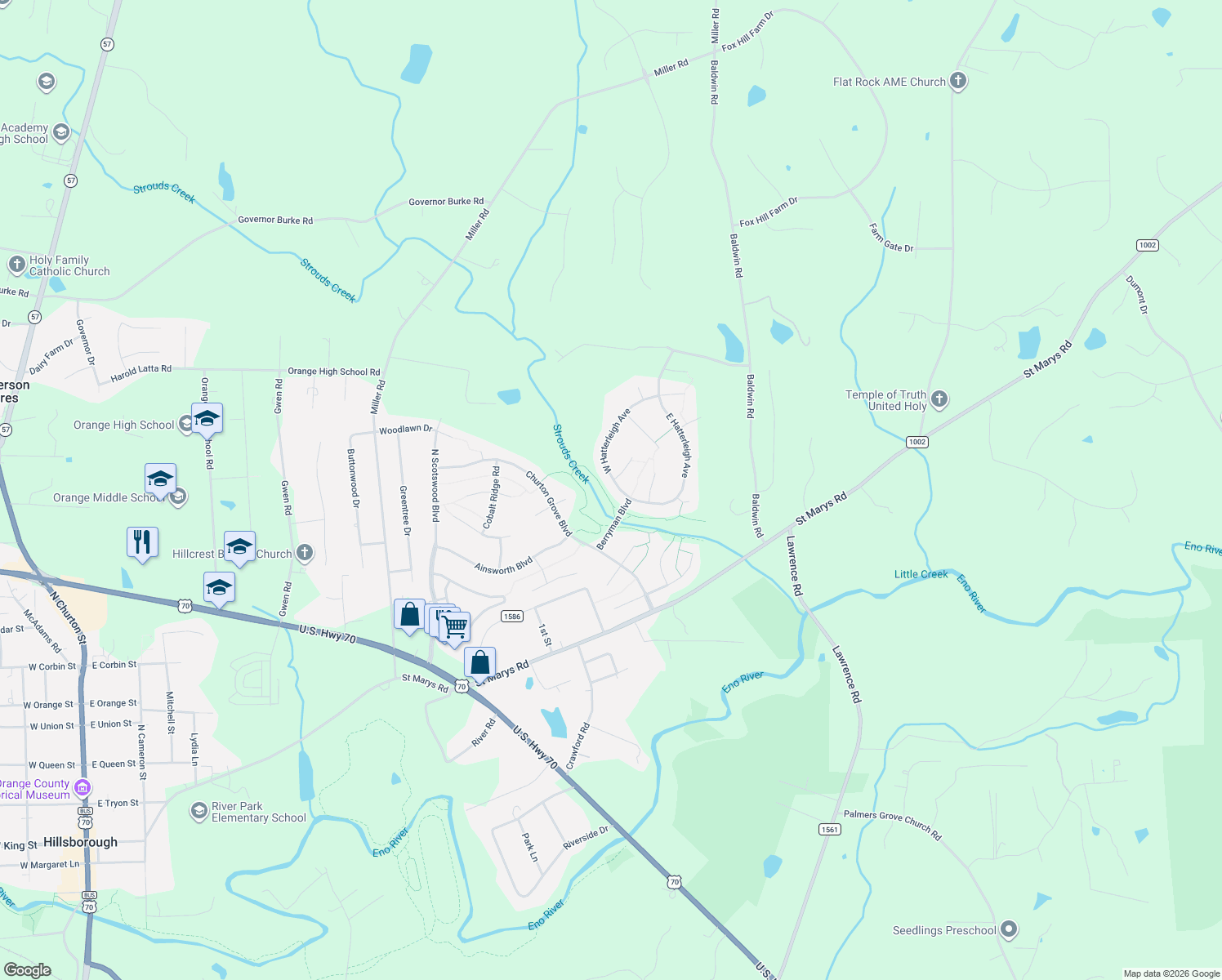map of restaurants, bars, coffee shops, grocery stores, and more near 109 West Hatterleigh Avenue in Hillsborough