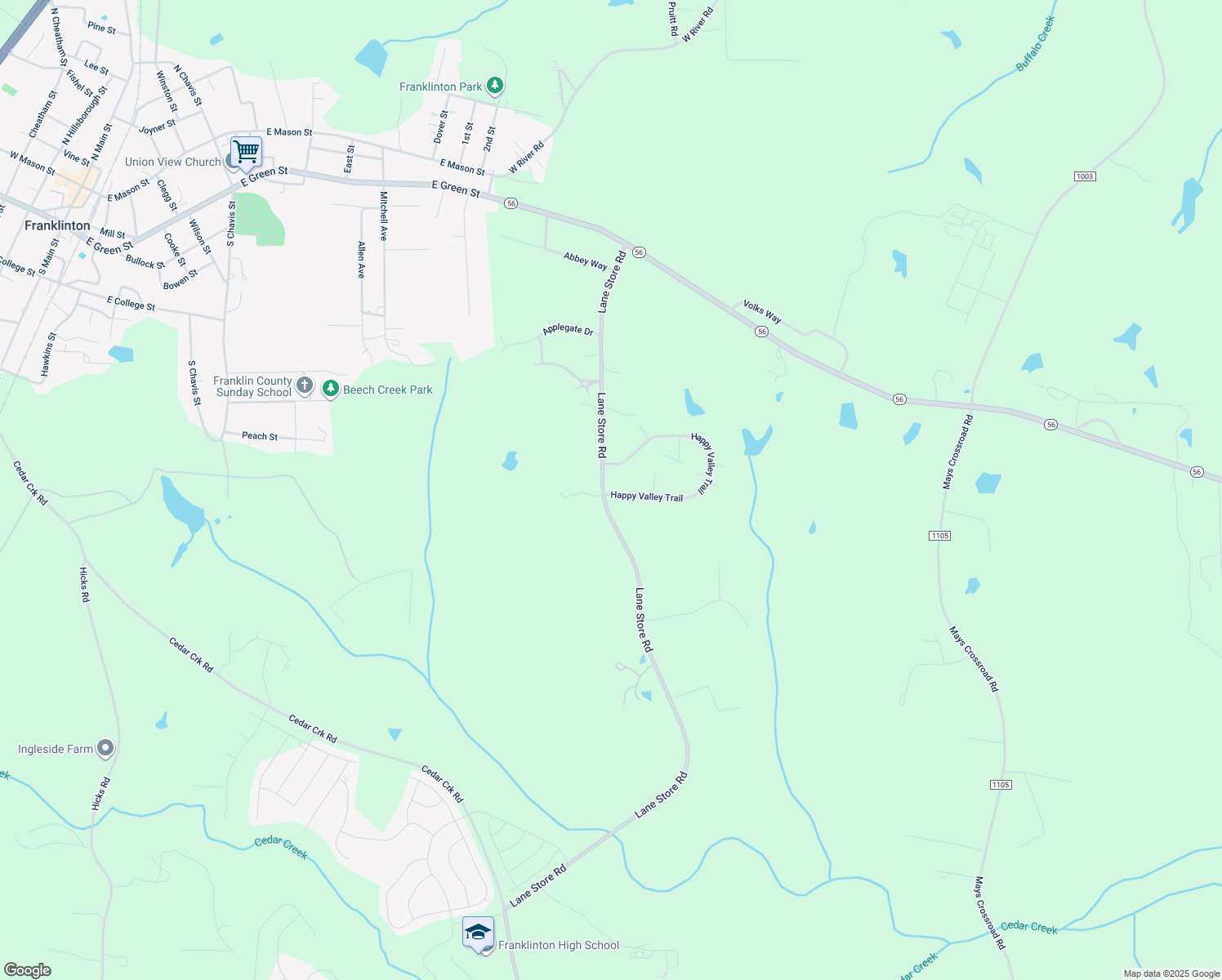map of restaurants, bars, coffee shops, grocery stores, and more near 361 Lane Store Road in Franklinton