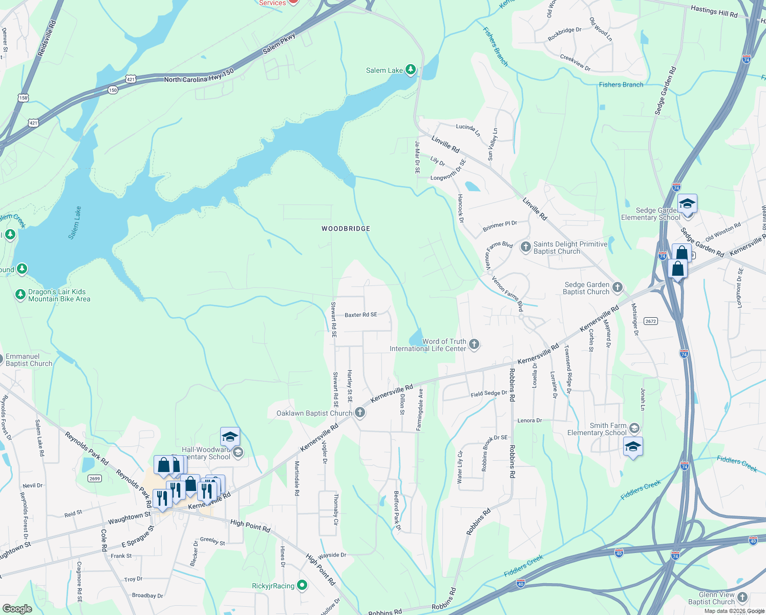 map of restaurants, bars, coffee shops, grocery stores, and more near 3520 Baxter Road Southeast in Winston-Salem