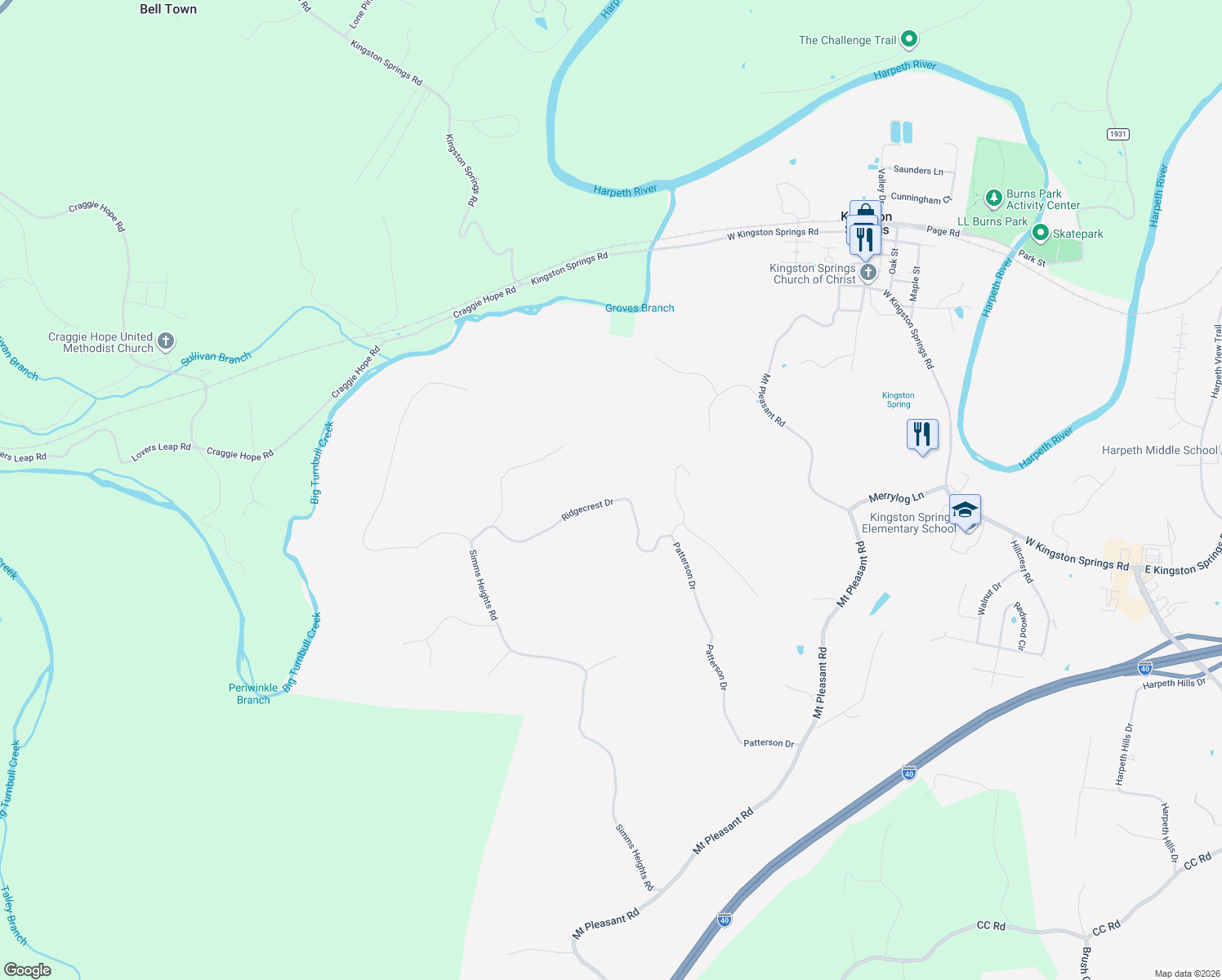 map of restaurants, bars, coffee shops, grocery stores, and more near 1008 Ridgecrest Drive in Kingston Springs