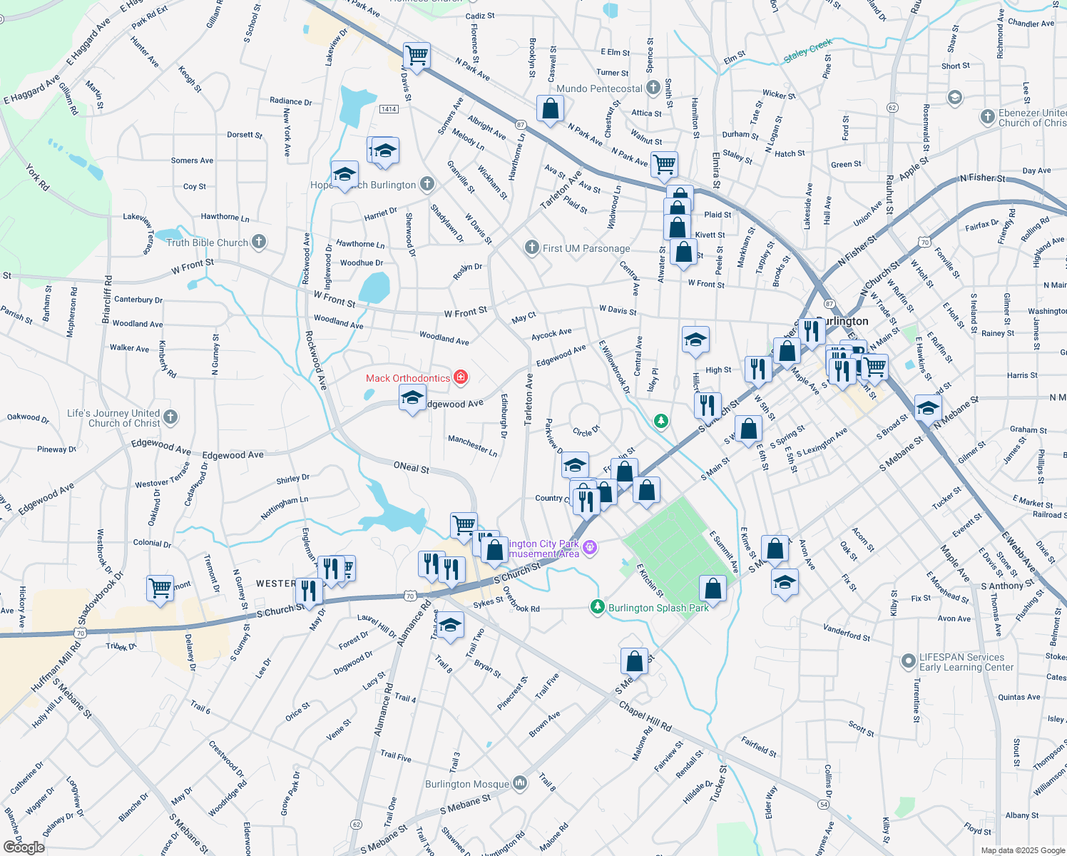 map of restaurants, bars, coffee shops, grocery stores, and more near 503 Tarleton Avenue in Burlington
