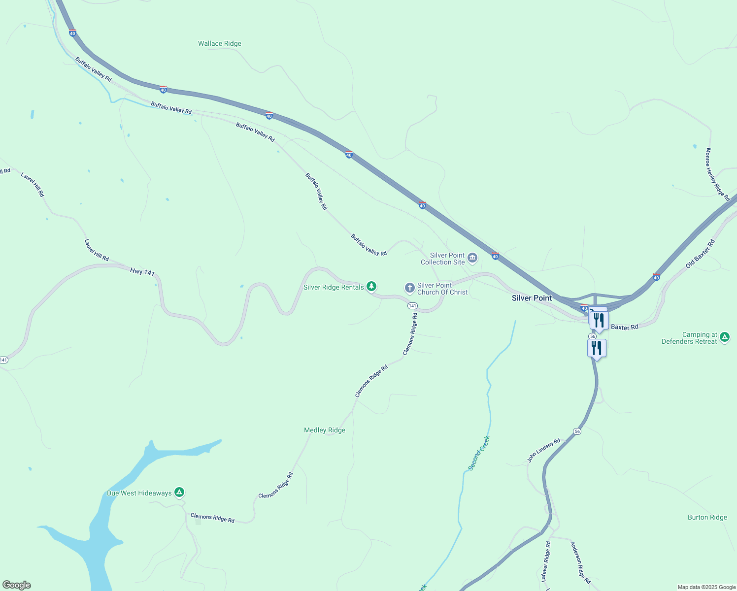 map of restaurants, bars, coffee shops, grocery stores, and more near 14360 Center Hill Dam Road in Silver Point