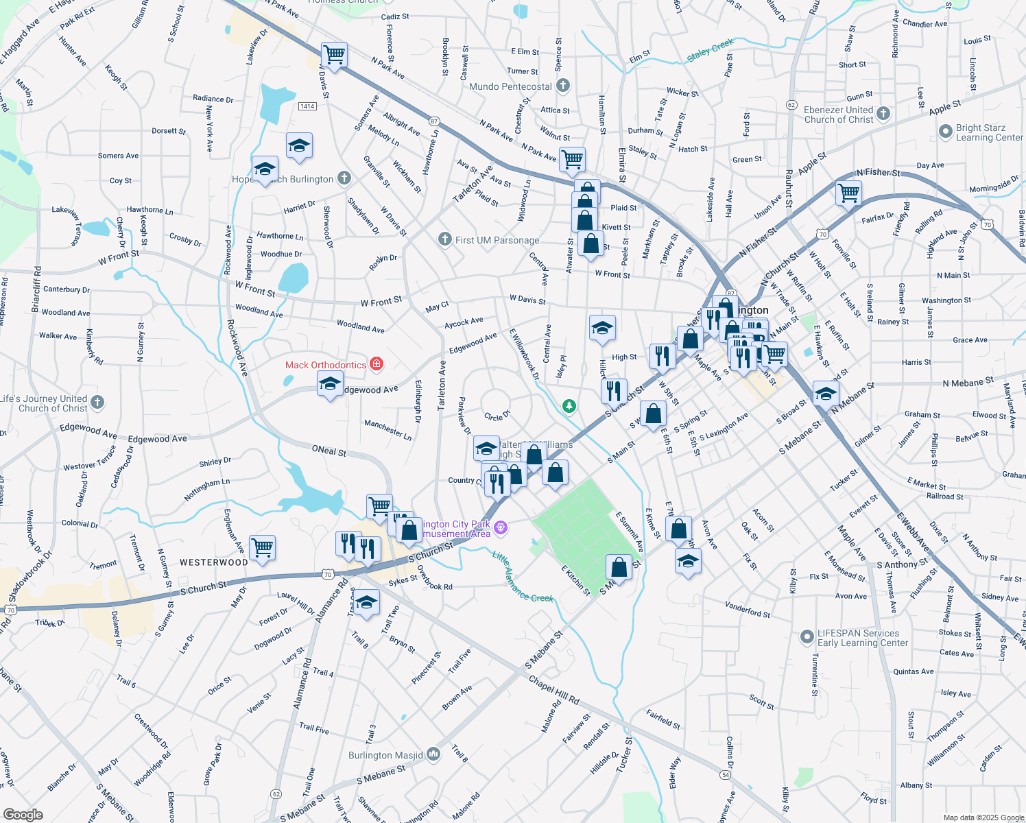 map of restaurants, bars, coffee shops, grocery stores, and more near 427 Glenwood Avenue in Burlington