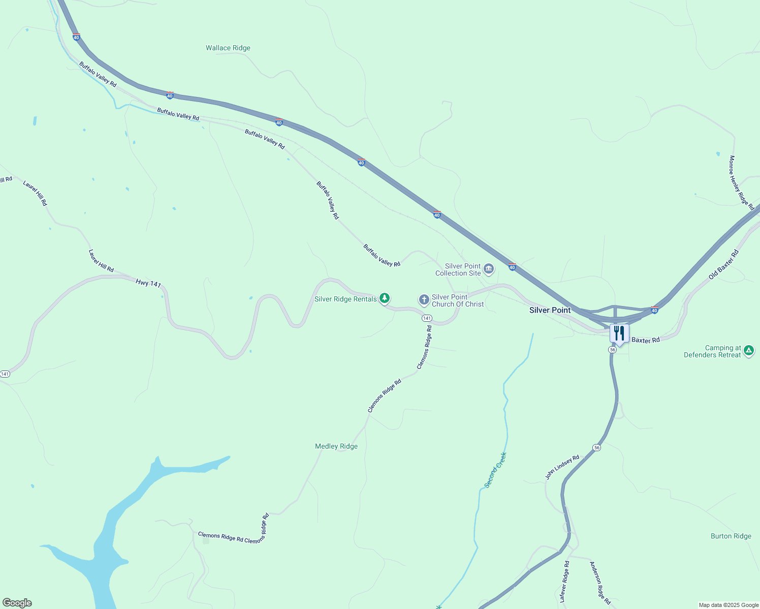 map of restaurants, bars, coffee shops, grocery stores, and more near 14360 Center Hill Dam Road in Silver Point